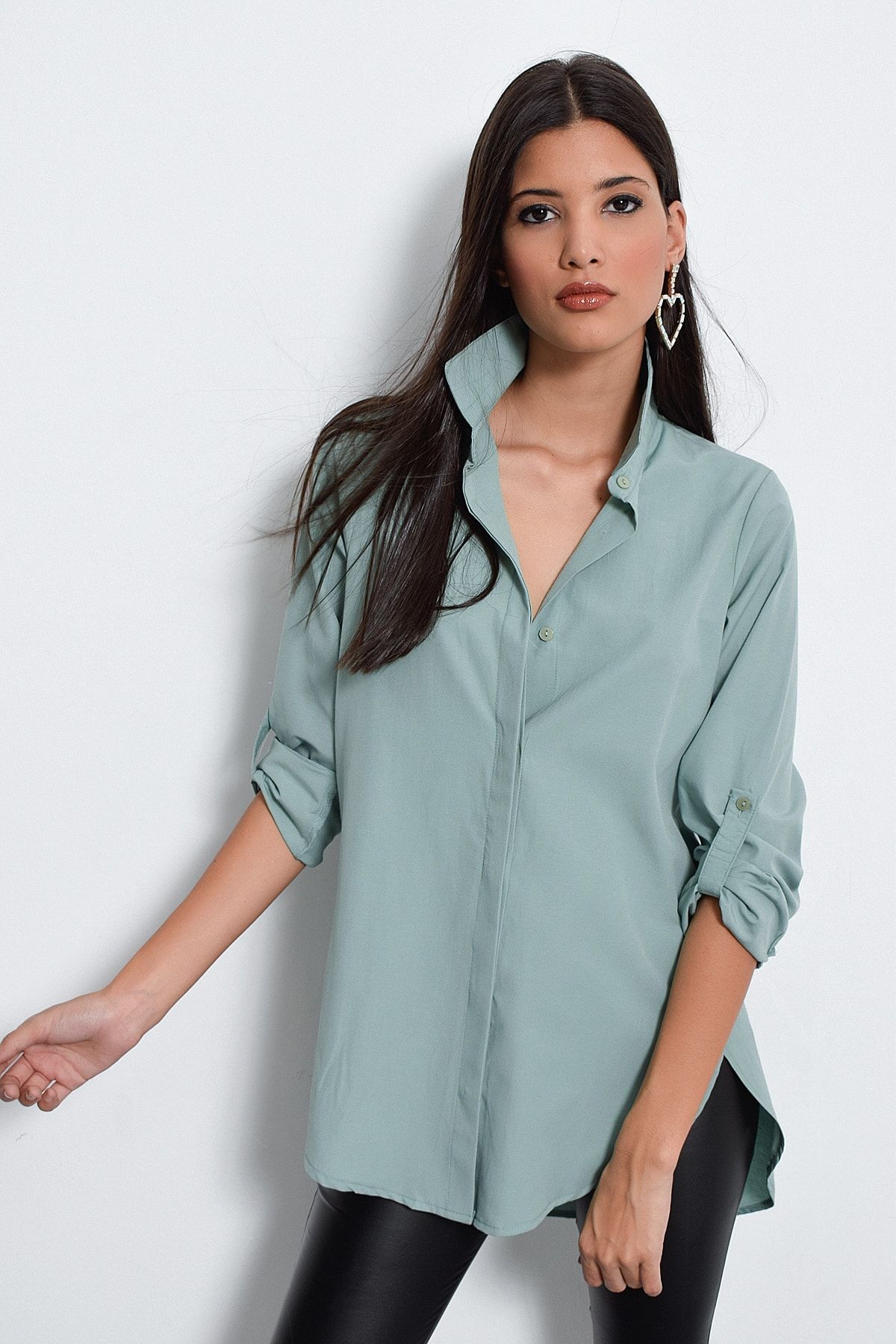 Cool & Sexy Kadın Mint Gizli Düğmeli Uzun Gömlek SF105081