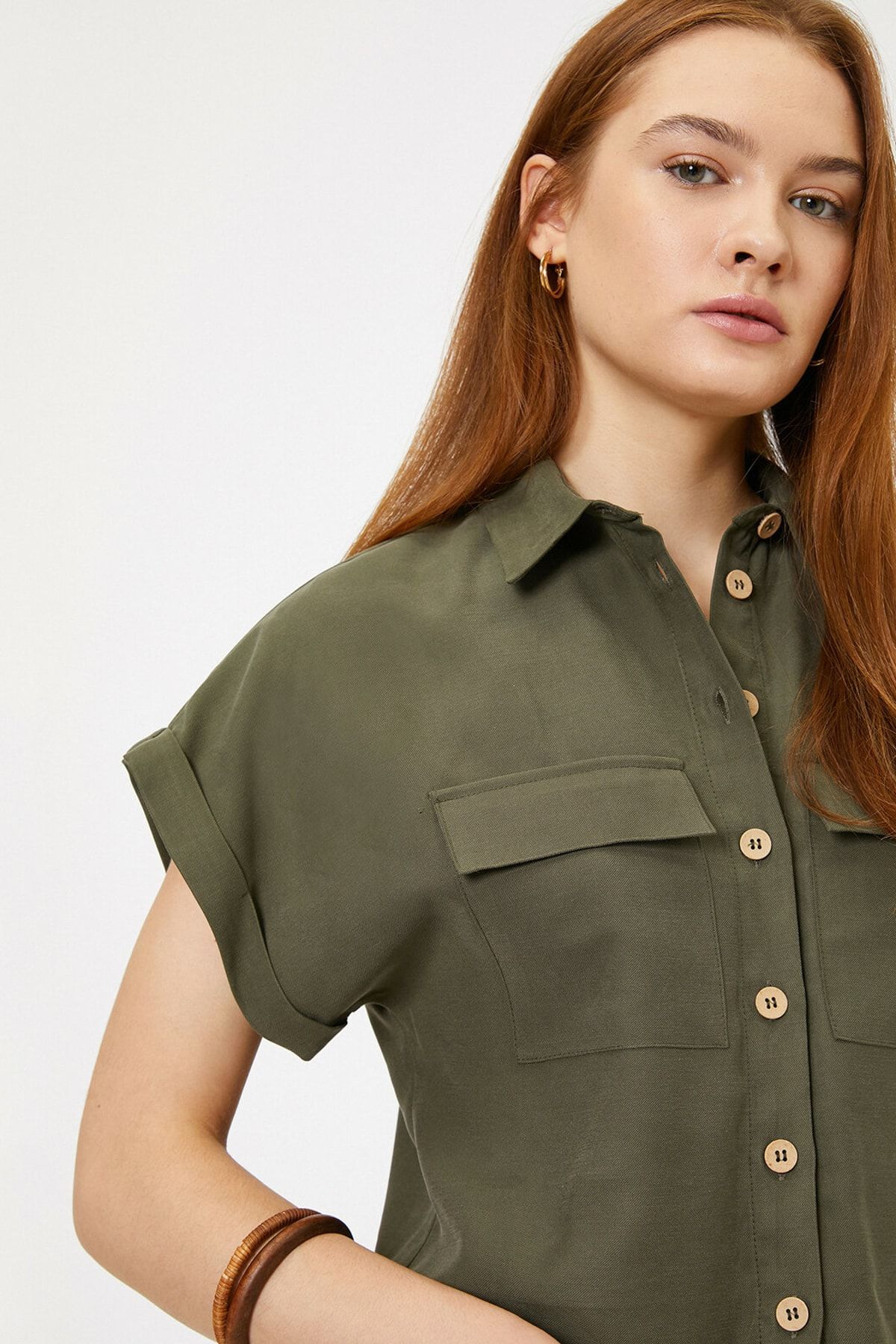 Koton Kadın Yeşil Cep Detaylı Gömlek 0KAK68651PW
