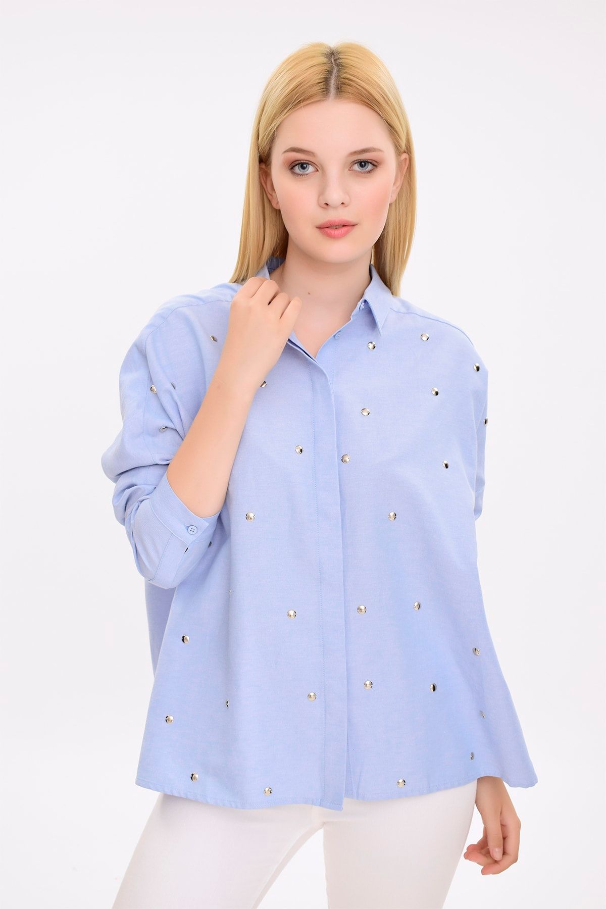 Hanna's Kadın Mavi Önü Taş Işlemeli Uzun Kollu Gömlek