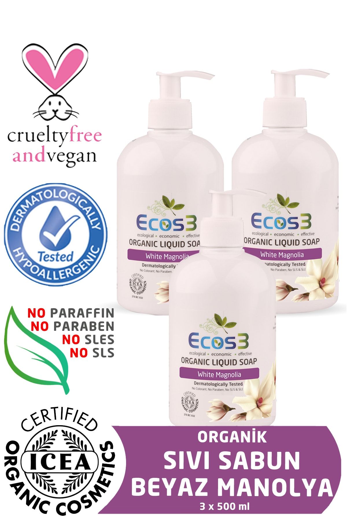 Ecos3 Organik Sıvı Sabun Beyaz Manolya 3'lü Set (3 X 500 ml)