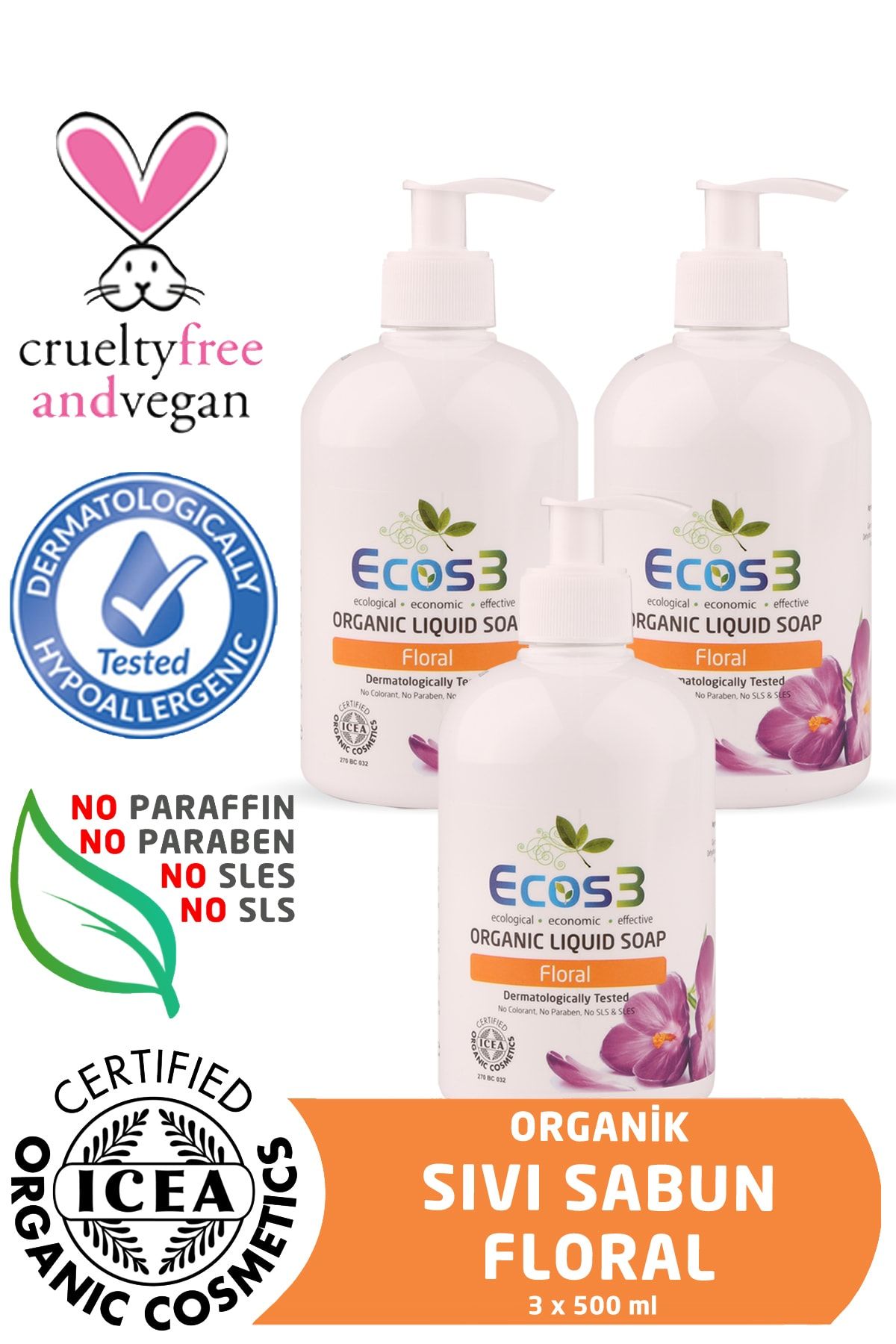 Ecos3 Organik Sıvı Sabun Floral 3'lü Set (3 X 500 ml)