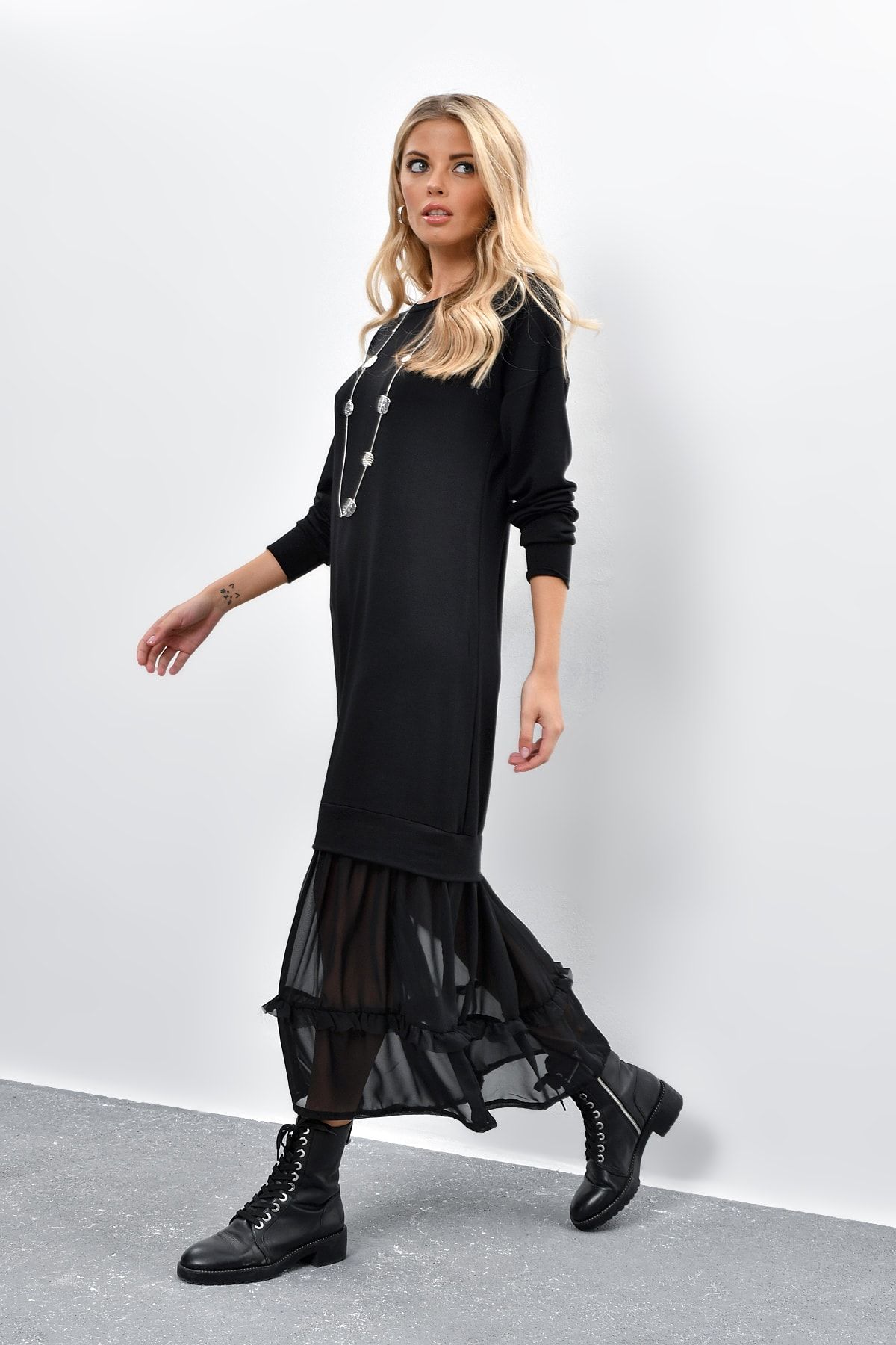 Cool & Sexy Kadın Siyah Eteği Tül Sweat Elbise MP1930