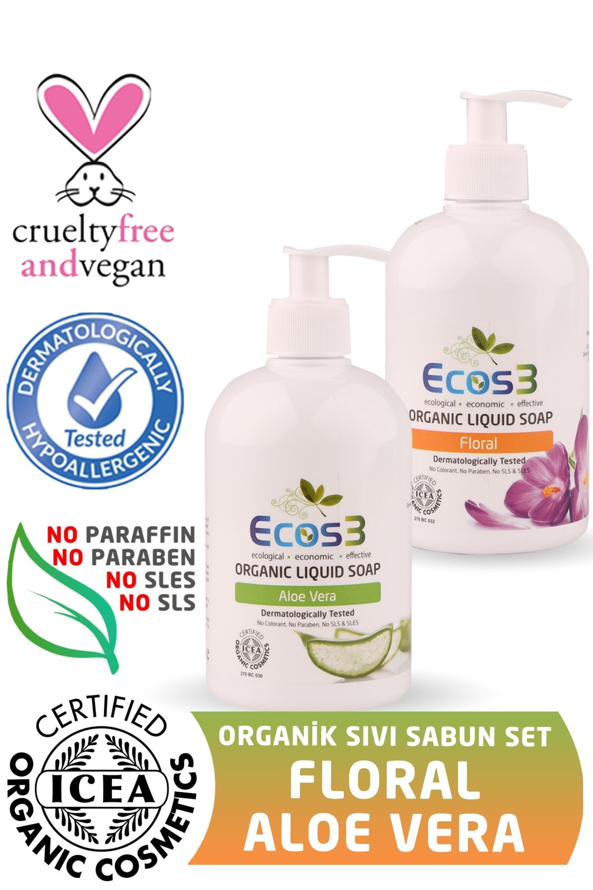 Ecos3 Organik Sıvı Sabun Aloevera + Floral (2 X 500 ml)
