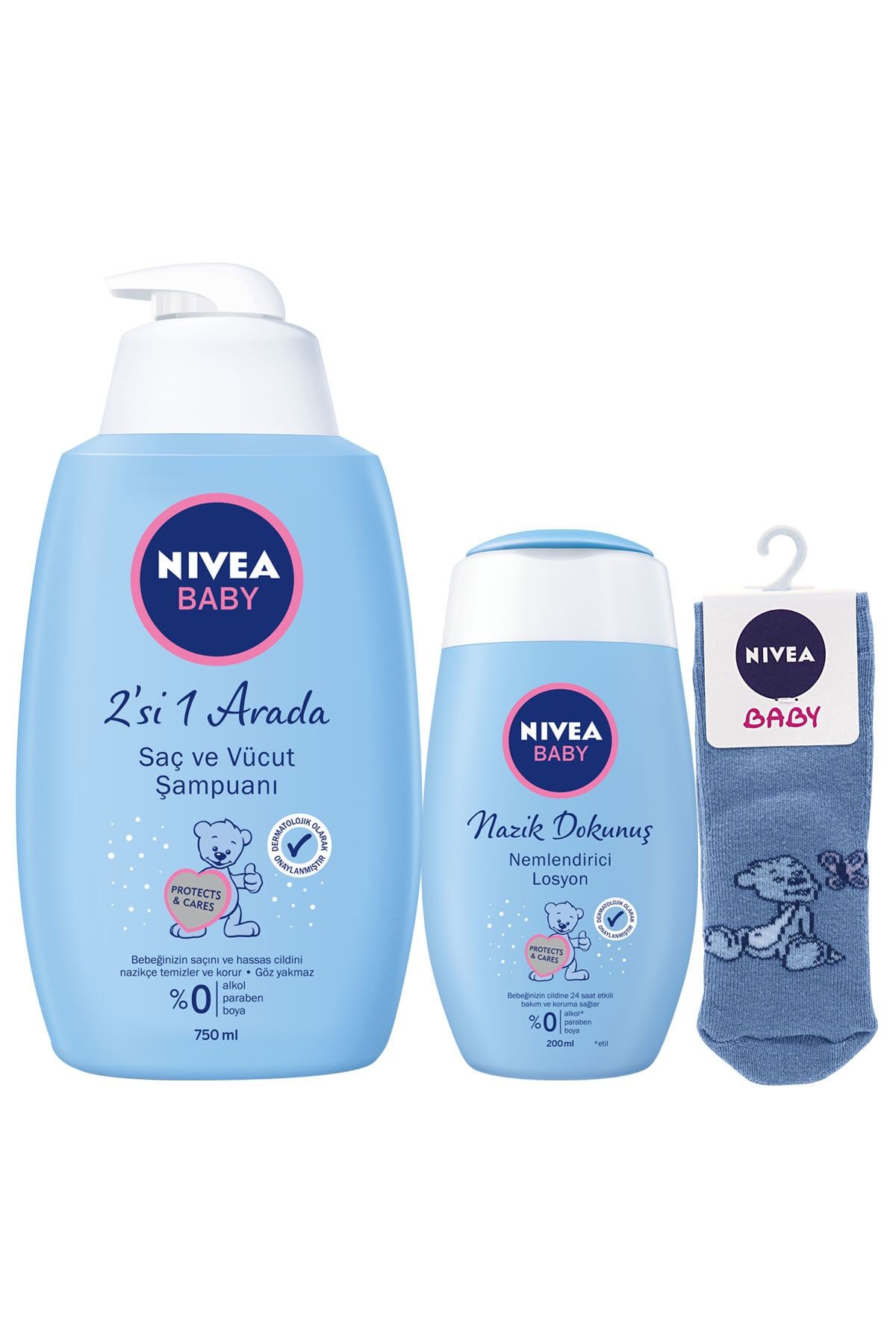NIVEA Şampuan 750 ml  + Losyon Baby + Erkek Bebek Çorap Hediye