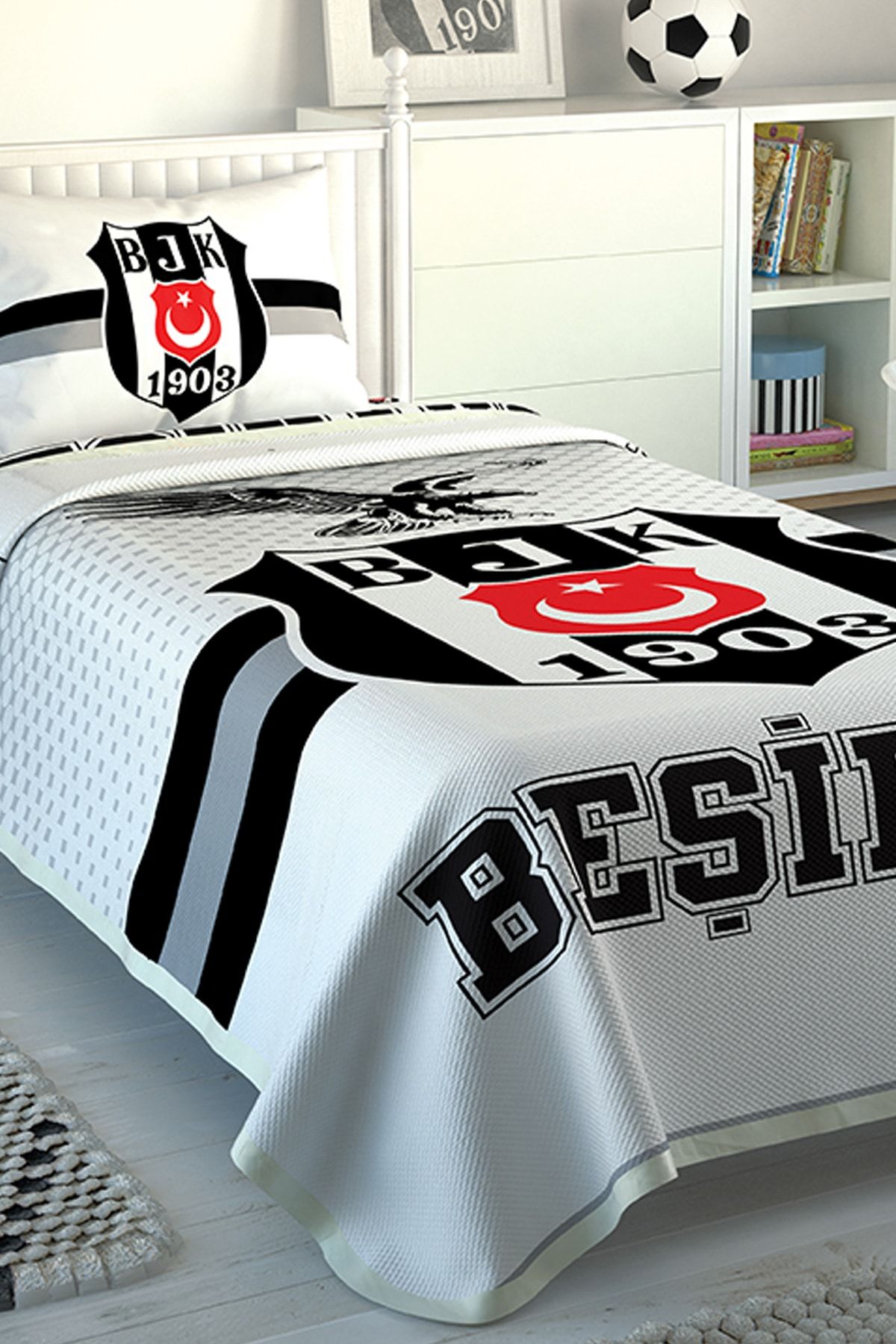 Taç Tek Kişilik Lisanslı Pike Takımı Beşiktaş Striped