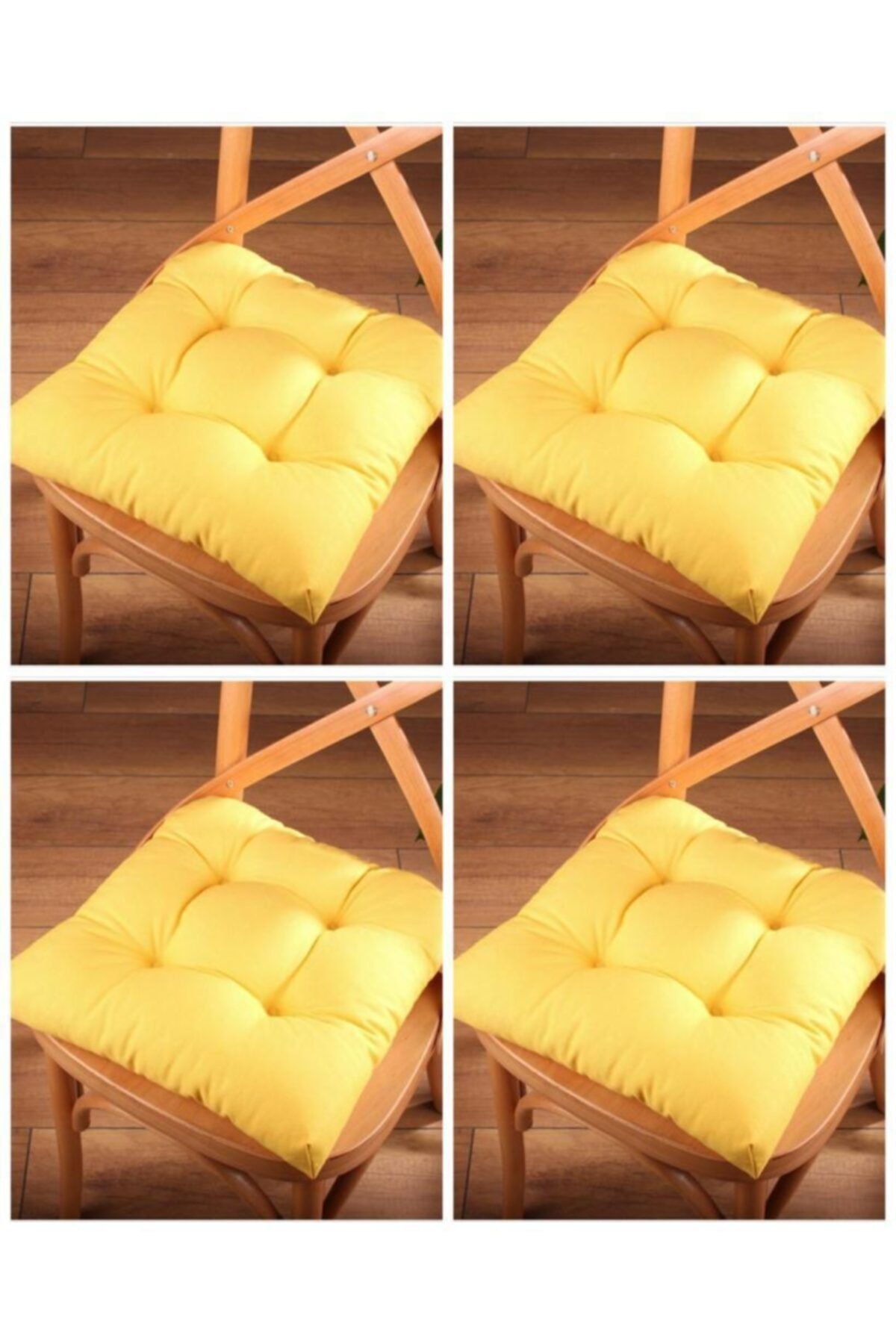 ALTINPAMUK 4'lü Gold Lüx Pofidik Sarı Sandalye Minderi Özel Dikişli Bağcıklı 40x40cm
