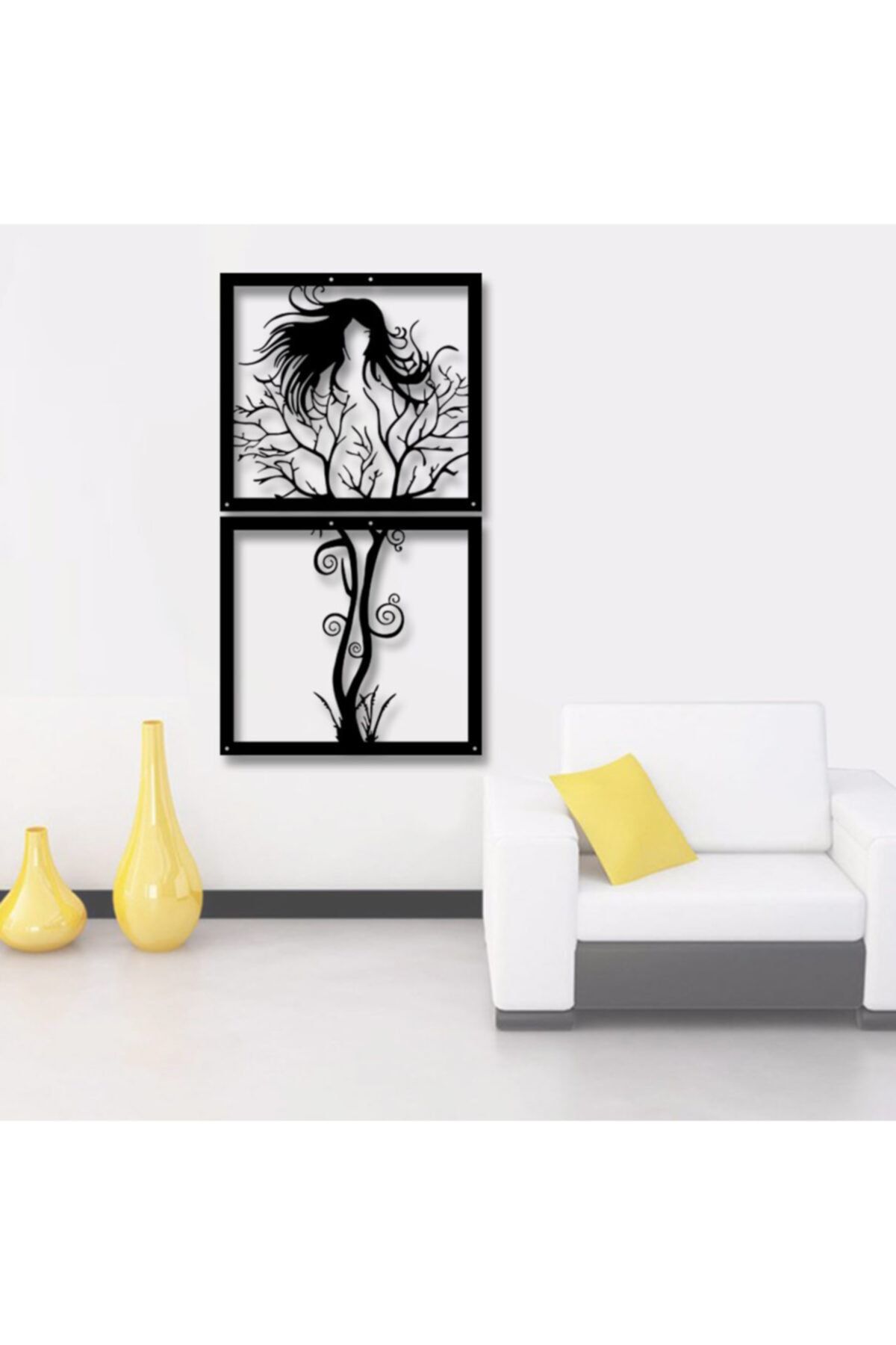 Melek Pazarı 44x80 Cm Siyah - Ağaç Kadın Nü Dekoratif Ahşap Tablo - Lazer Kesim