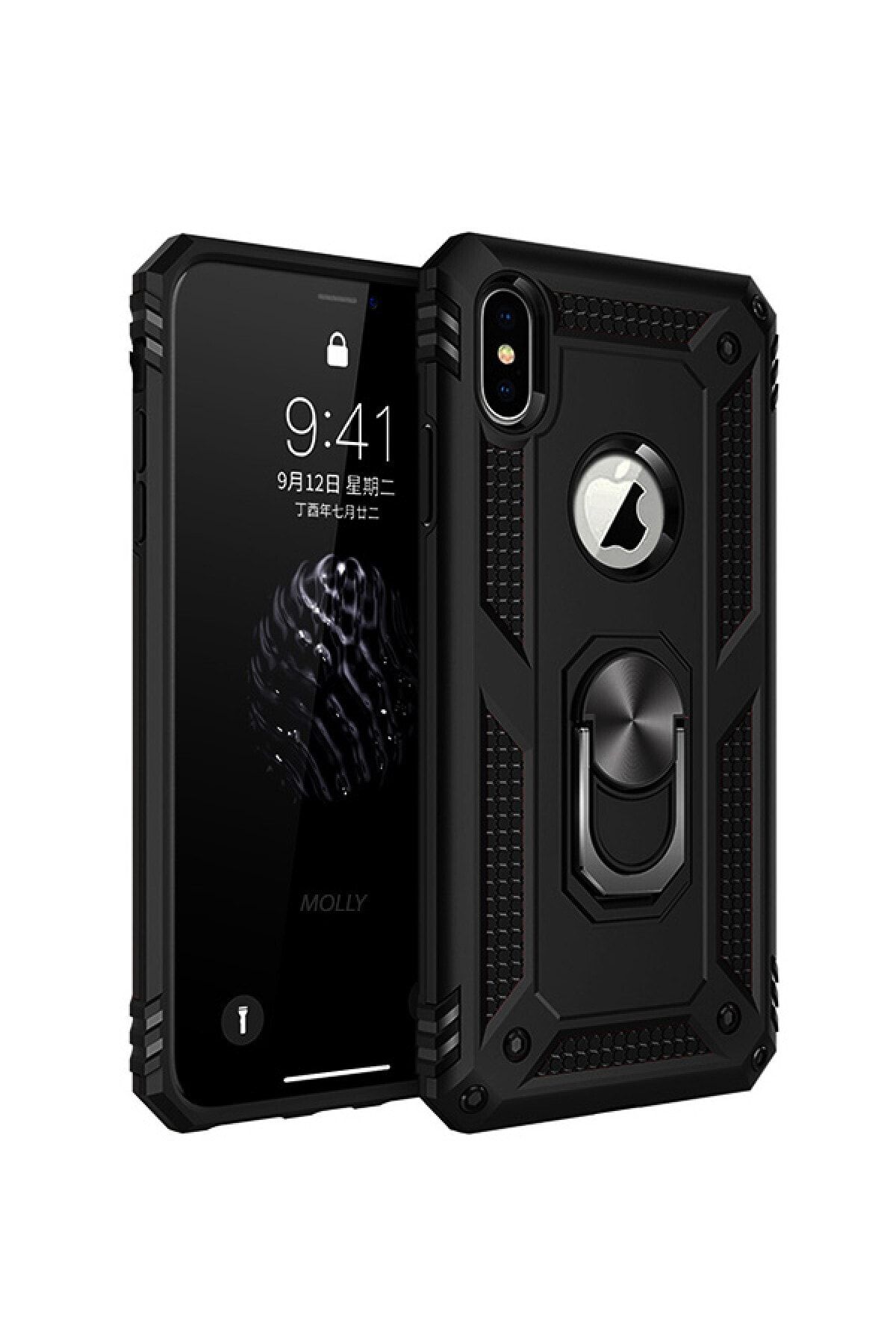 Molly Iphone X/xs Uyumlu Siyah Megatron Yüzüklü Silikon Pc Kılıf