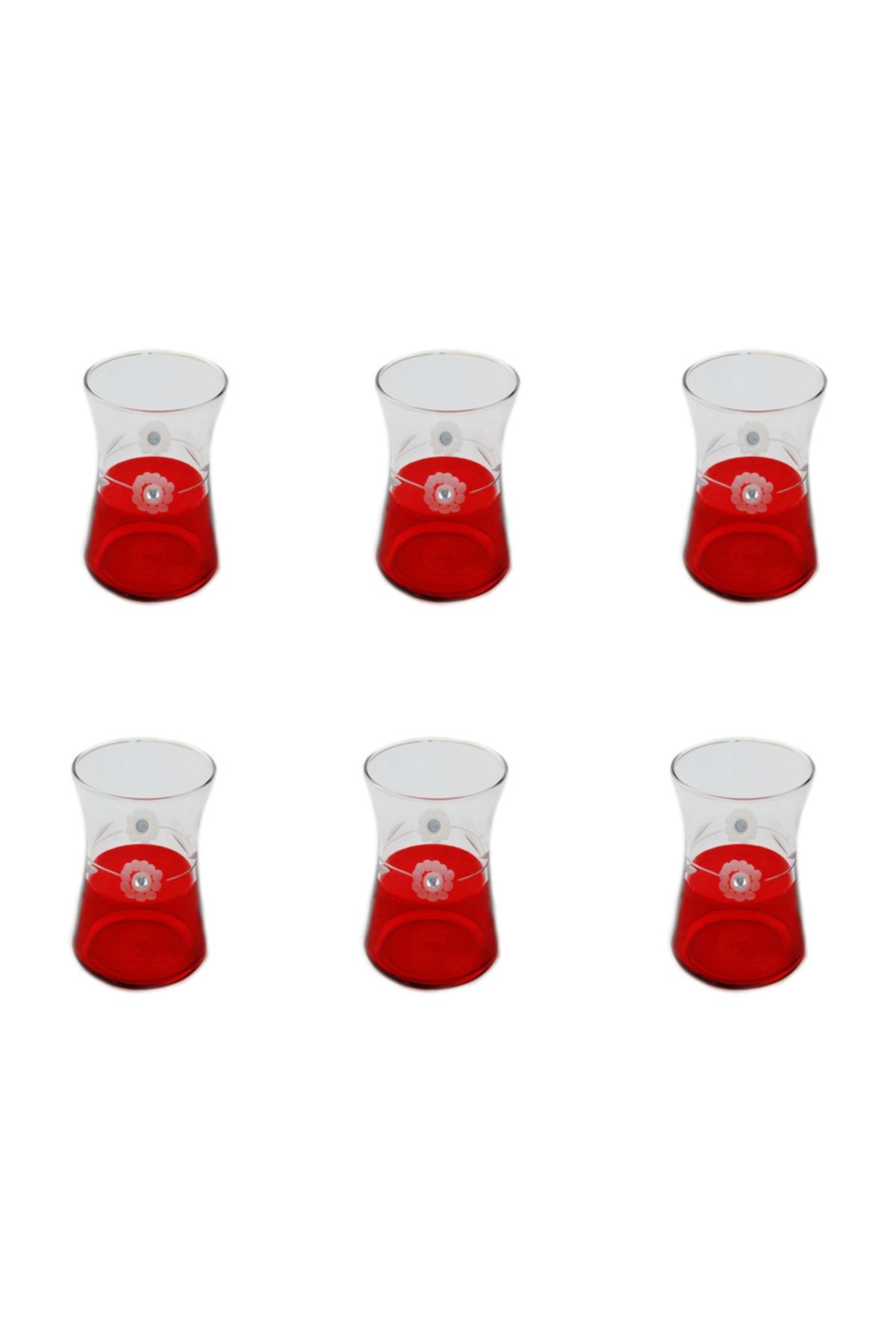 BAŞAK Heybeli Kırmızı(taşlı) Papatya Dekor 6 Adet Çay Bardağı