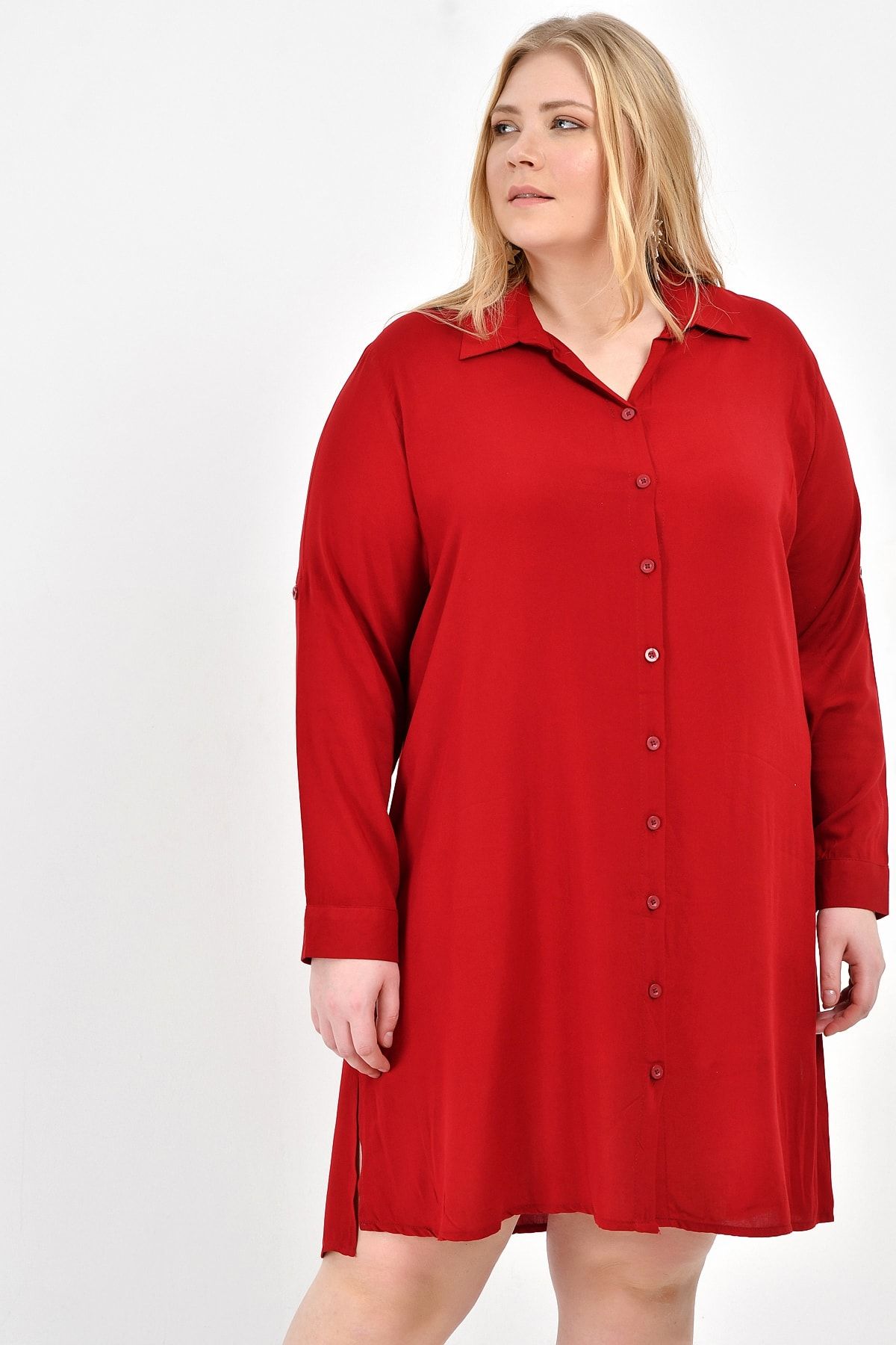 Big Free Kadın Kırmızı Kol Katlamalı Tunik Gömlek TB19KB036000.