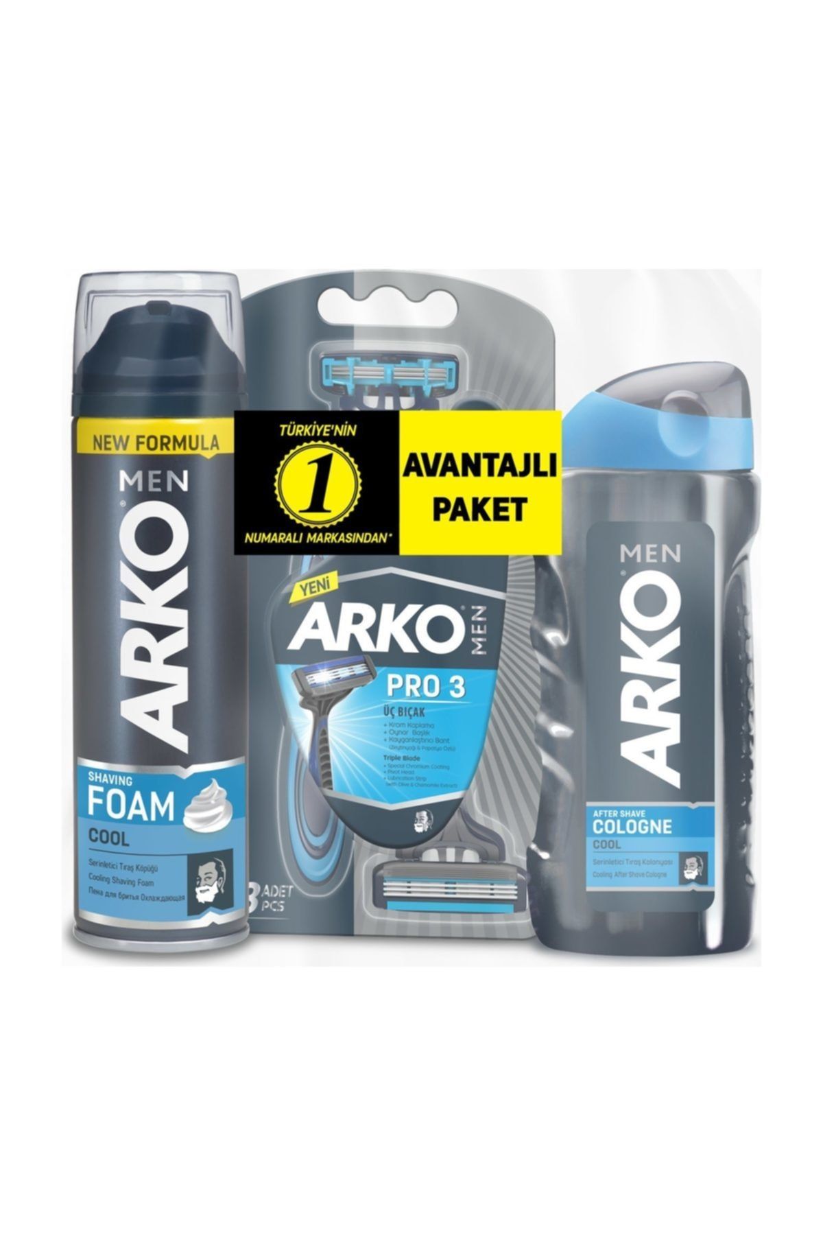 Arko Men T3 Pro 3 Bıçaklı Tıraş Bıçağı 3'lü & Cool Tıraş Köpüğü 200 ml & Cool Tıraş Kolonyası 250 Ml