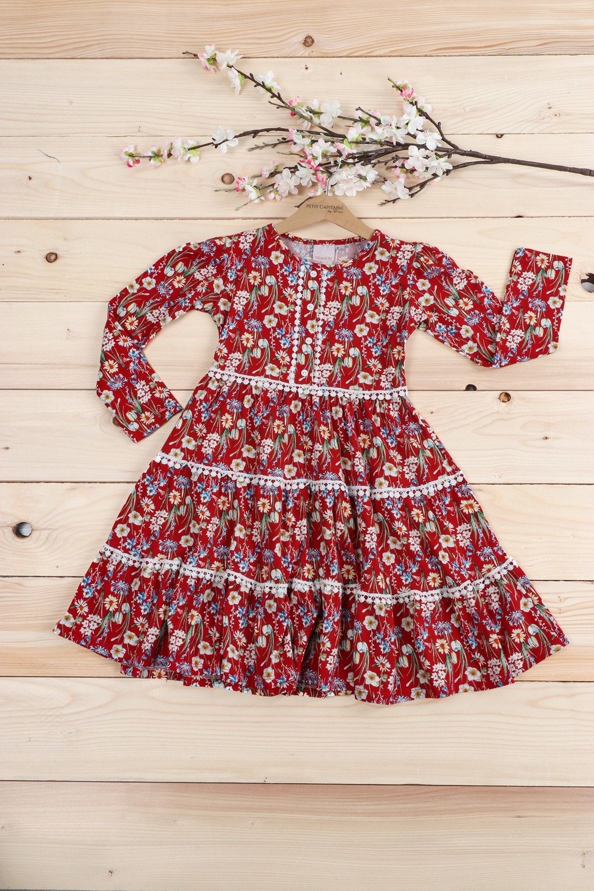 Petit Capitaine Çiçekli Dantelli Kız Çocuk Elbise Kırmızı-0049939-022-122 Cm