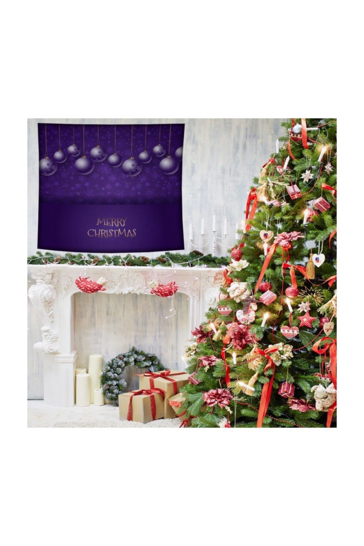 Henge Home Mor Lila Yılbaşı Süsleri Yıldızlar Ile Mutlu Noeller Duvar Örtüsü 70cm X 140cm