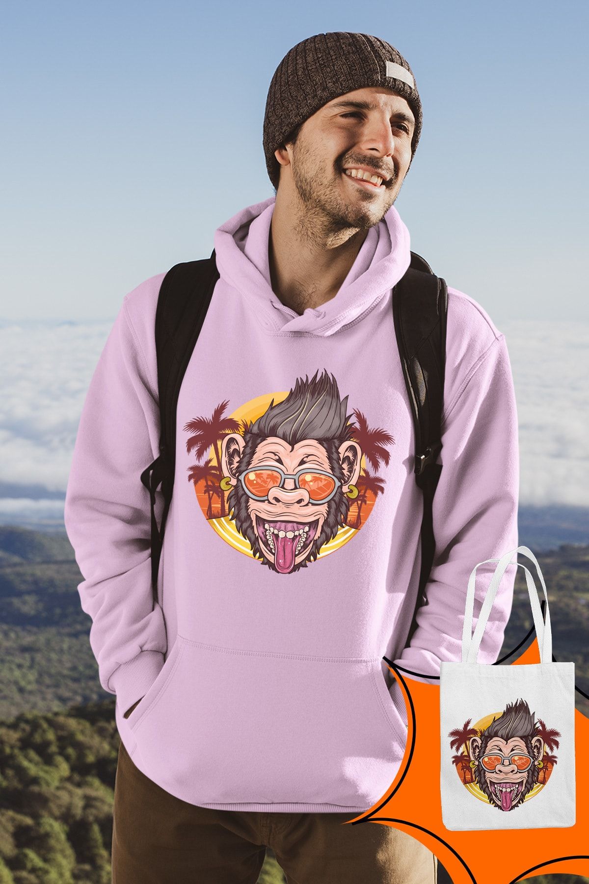 Angemiel Wear Eğlenceli Tatilci Şempanze Pembe Erkek Kapüşonlu Sweatshirt Çanta Kombin