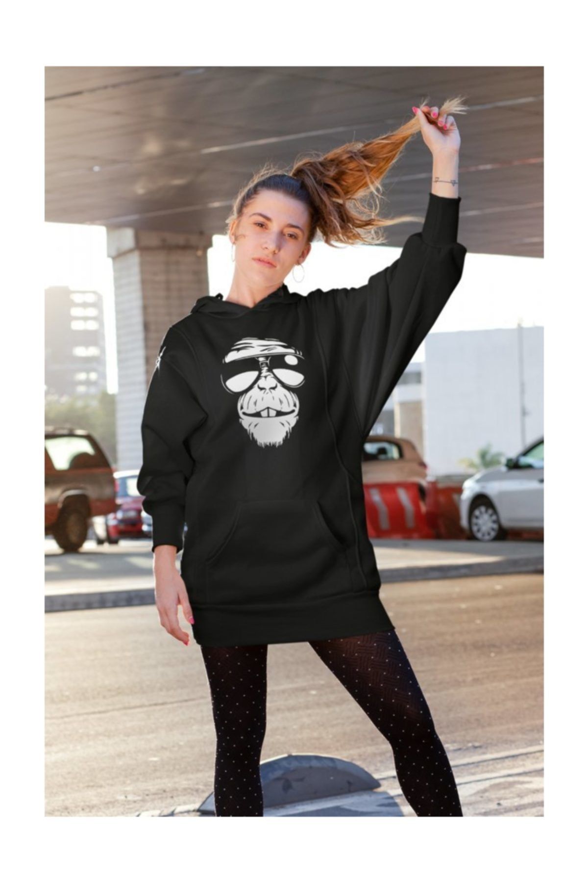 Angemiel Wear Gözlüklü Havalı Maymun Siyah Kadın Kapüşonlu Sweatshirt Çanta Kombin