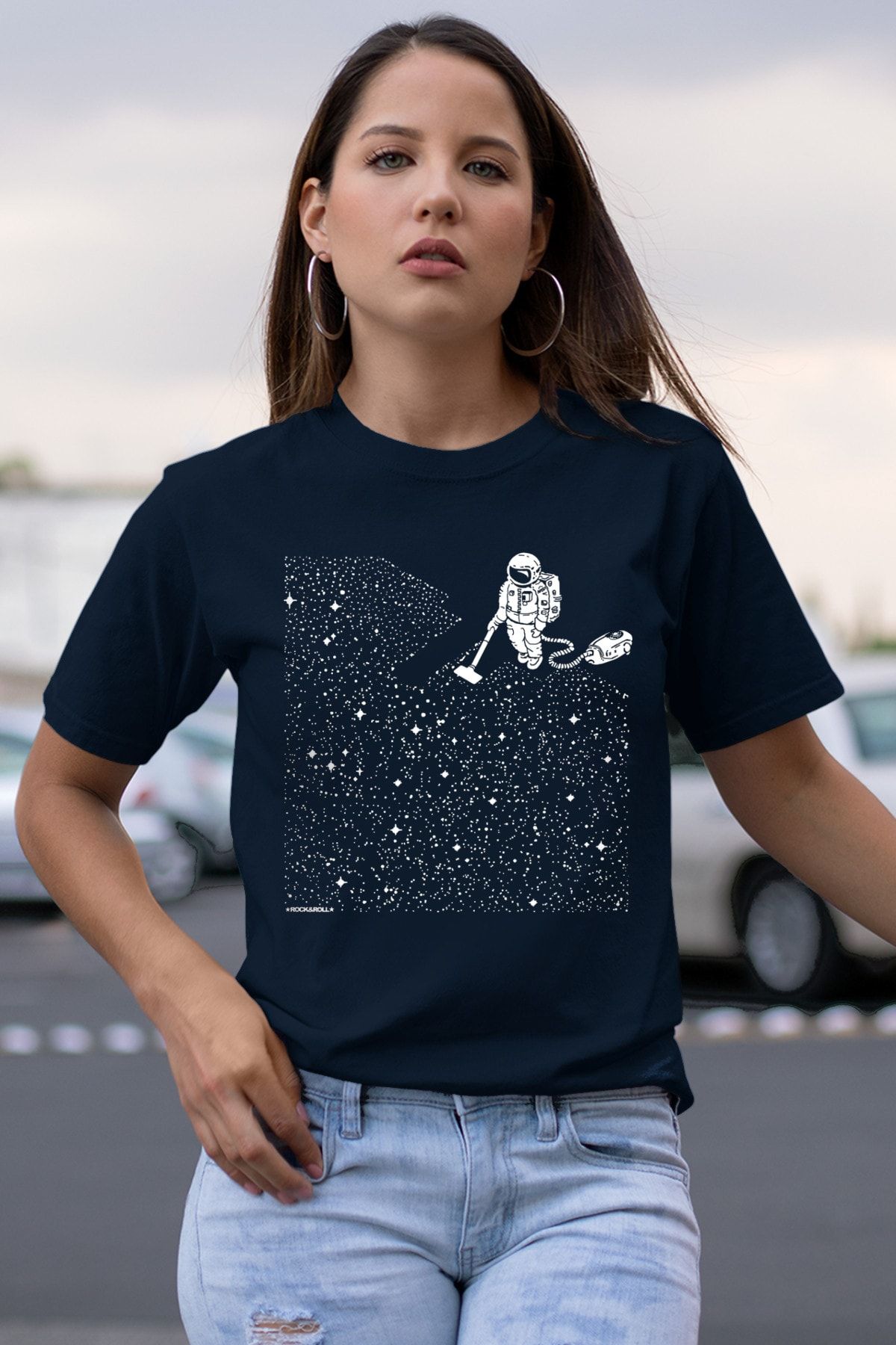 ROCKANDROLL Süpürgeli Astronot Lacivert Kısa Kollu Kadın T-shirt