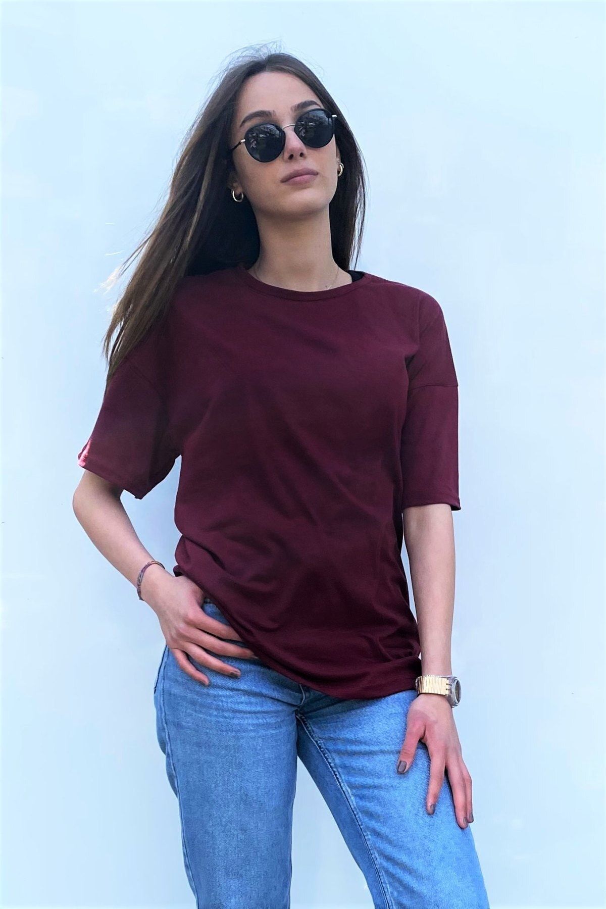 VİP LOKAL Kadın Bordo Oversize Basic T-shirt