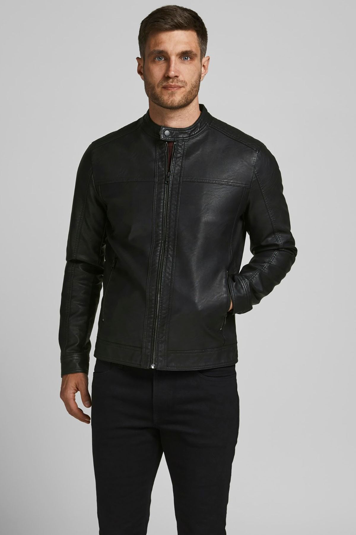 Jack & Jones Erkek Jjewarner Suya Dayanıklı Deri Biker Ceket 12182461 Siyah