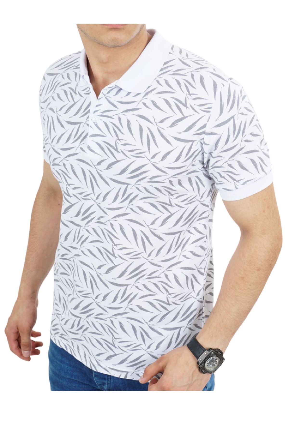 Dynamo Erkek Beyaz Desenli Büyük Beden Polo Yaka T-shirt