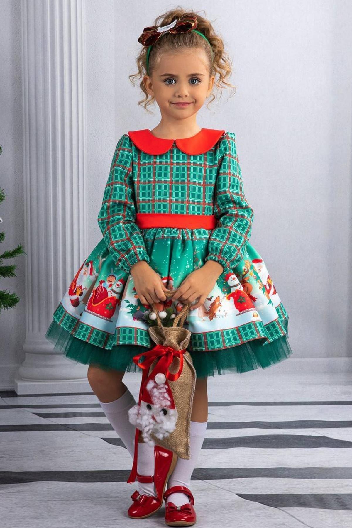 Riccotarz Kız Çocuk Bebe Yakalı Kare Desenli Noel Baskılı Taçlı Yeşil Elbise 2-8yaş