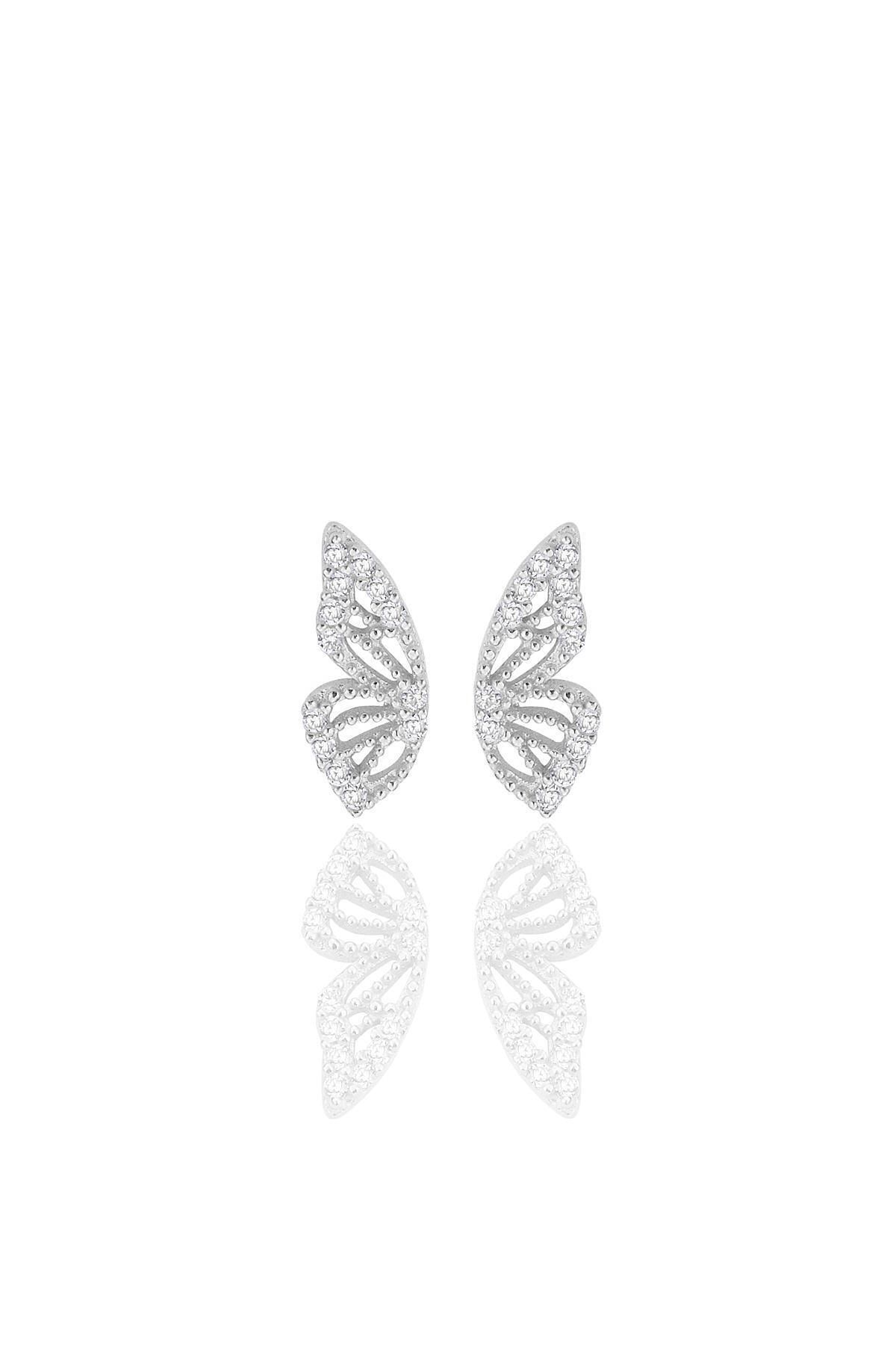 Söğütlü Silver Gümüş rodyumlu zirkon taşlı özel tasarım kelebek küpe SGTL12261RODAJ