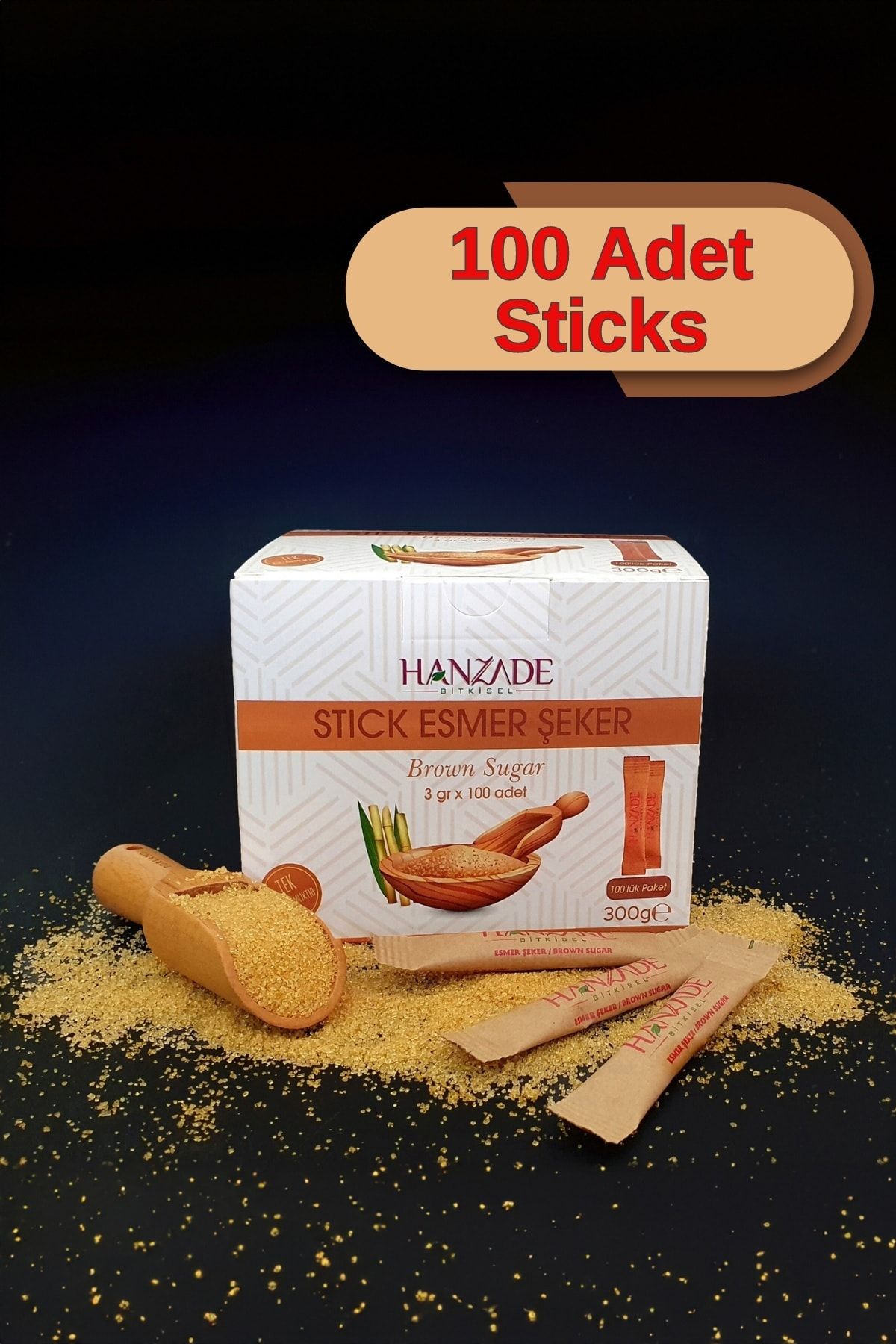 Hanzade Bitkisel Stick Kahverengi Esmer Şeker 100 Sticks 300 Gr