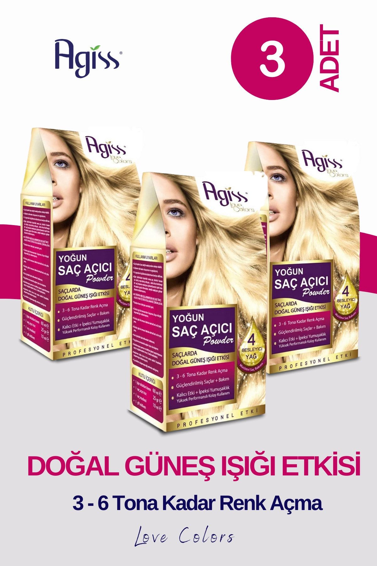 AGISS Love Colors Yoğun Saç Renk Açıcı Toz Oksidan Oryal Besleyici Saç Bakım Onarım Seti 3 Adet Set