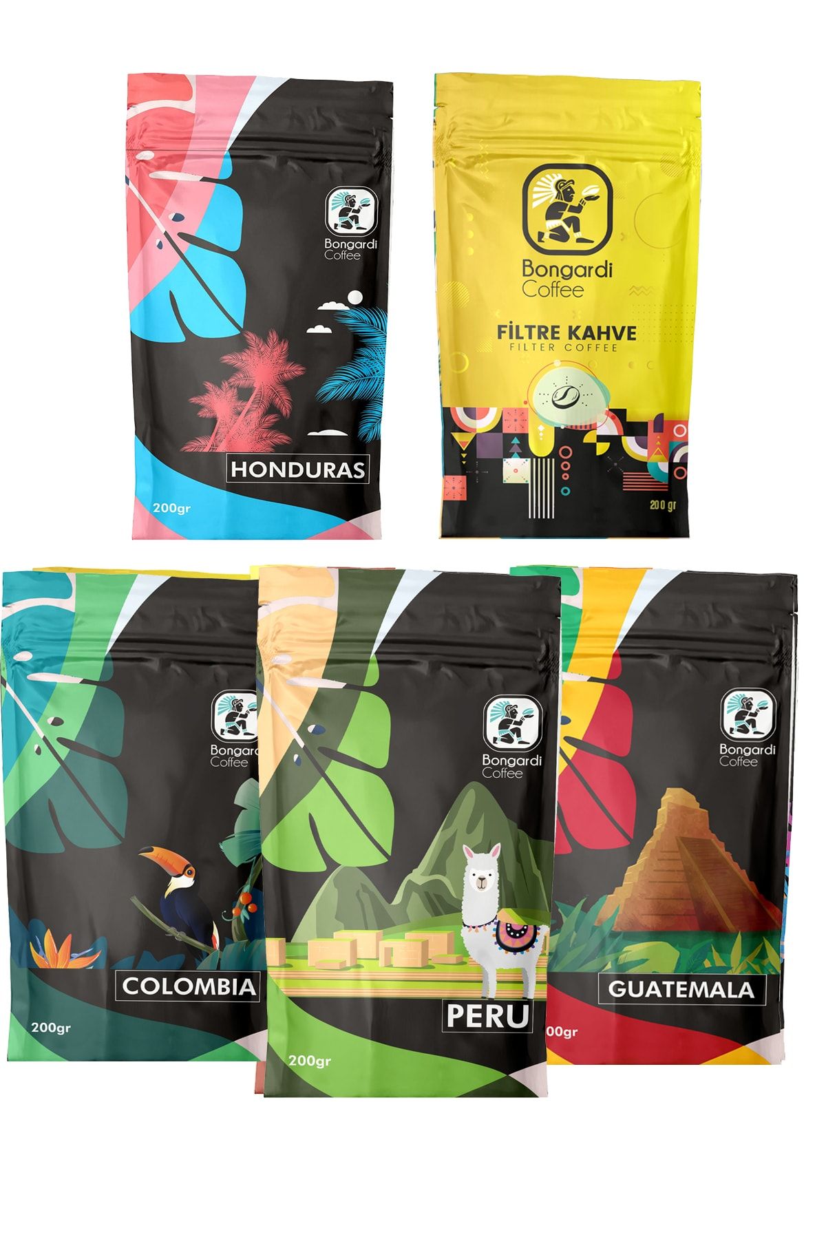 Bongardi Coffee 5x200 Gram Colombia Guatemala Peru Honduras Intense Blend Filtre Kahve Seti