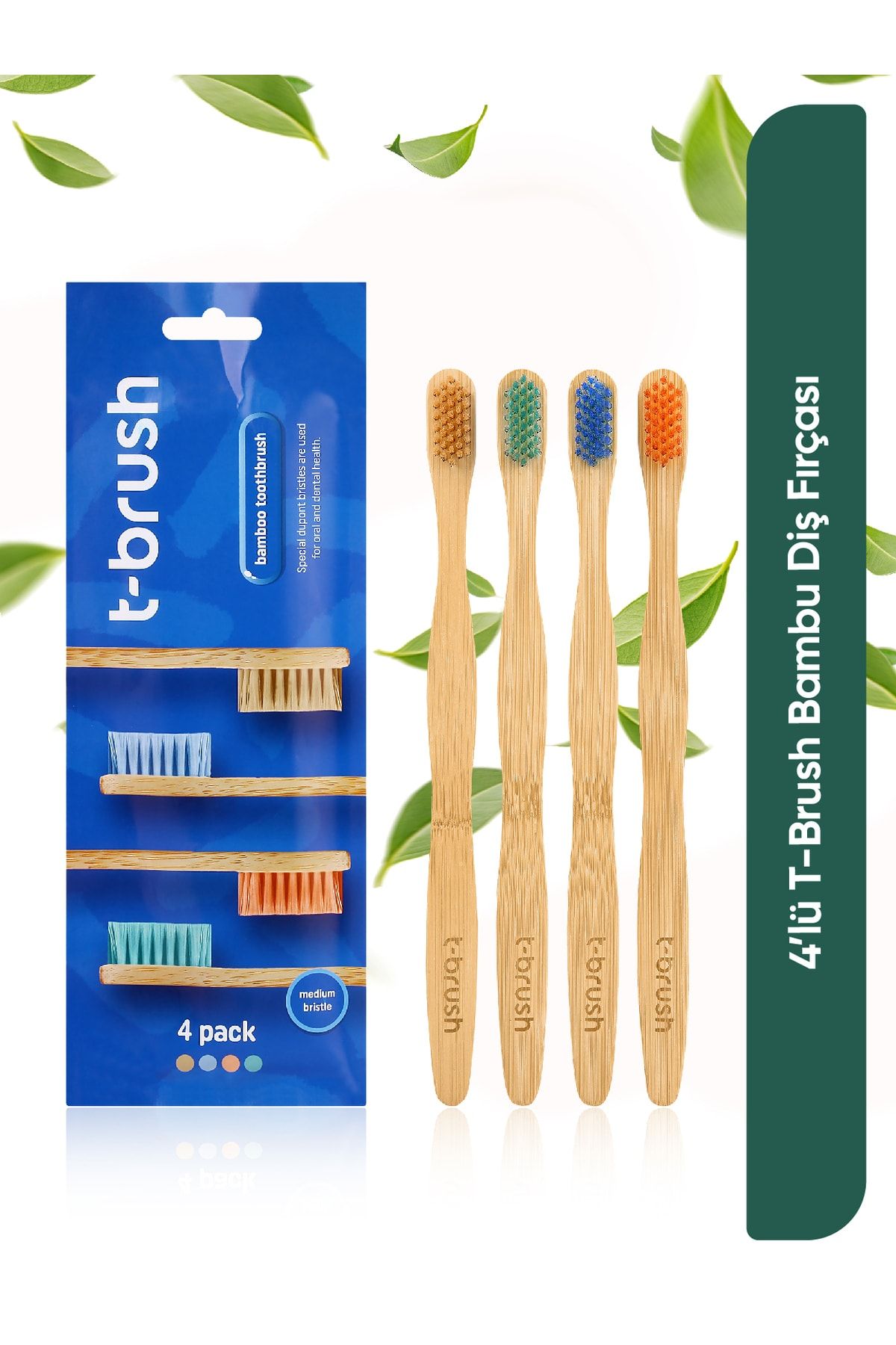 TBRUSH Doğal Bambu Vegan Diş Fırçası - 4 adet- Orta Sert (Medium) - Plastiksiz