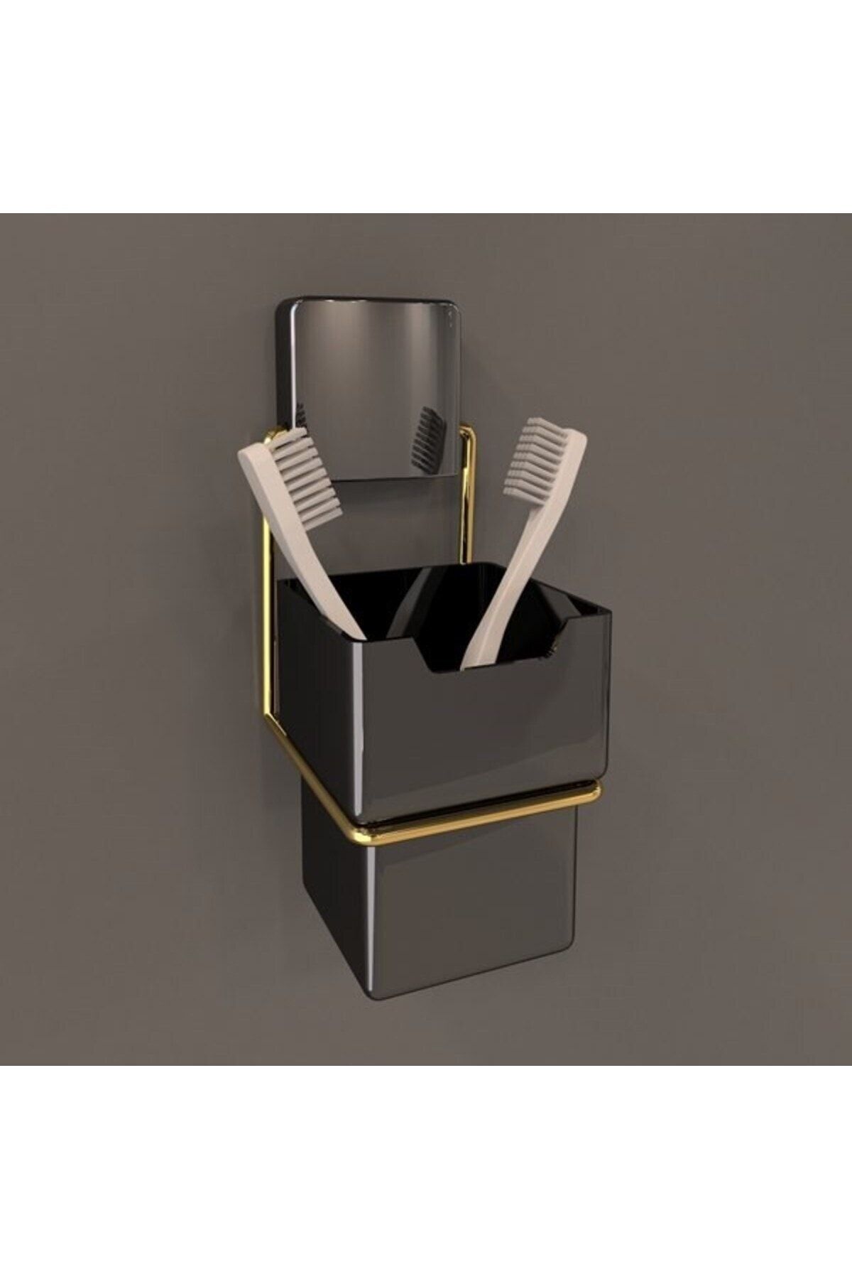 Decorev Dekoratif Yapıştırmalı Banyo Metal Diş Fırçalık Gold Plastik Hazneli Siyah - Vida Yok ! Dc -5077