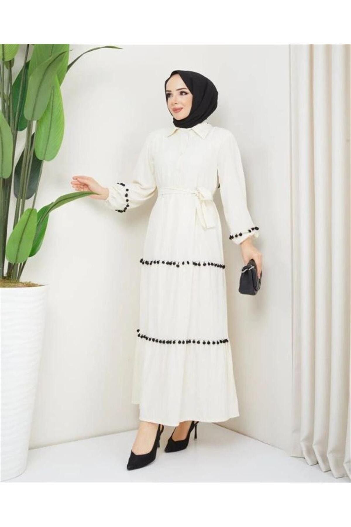 moda periy kadın modest basic mevsimlik rahat tarz günlük Ponpon Detaylı Tesettür Elbise