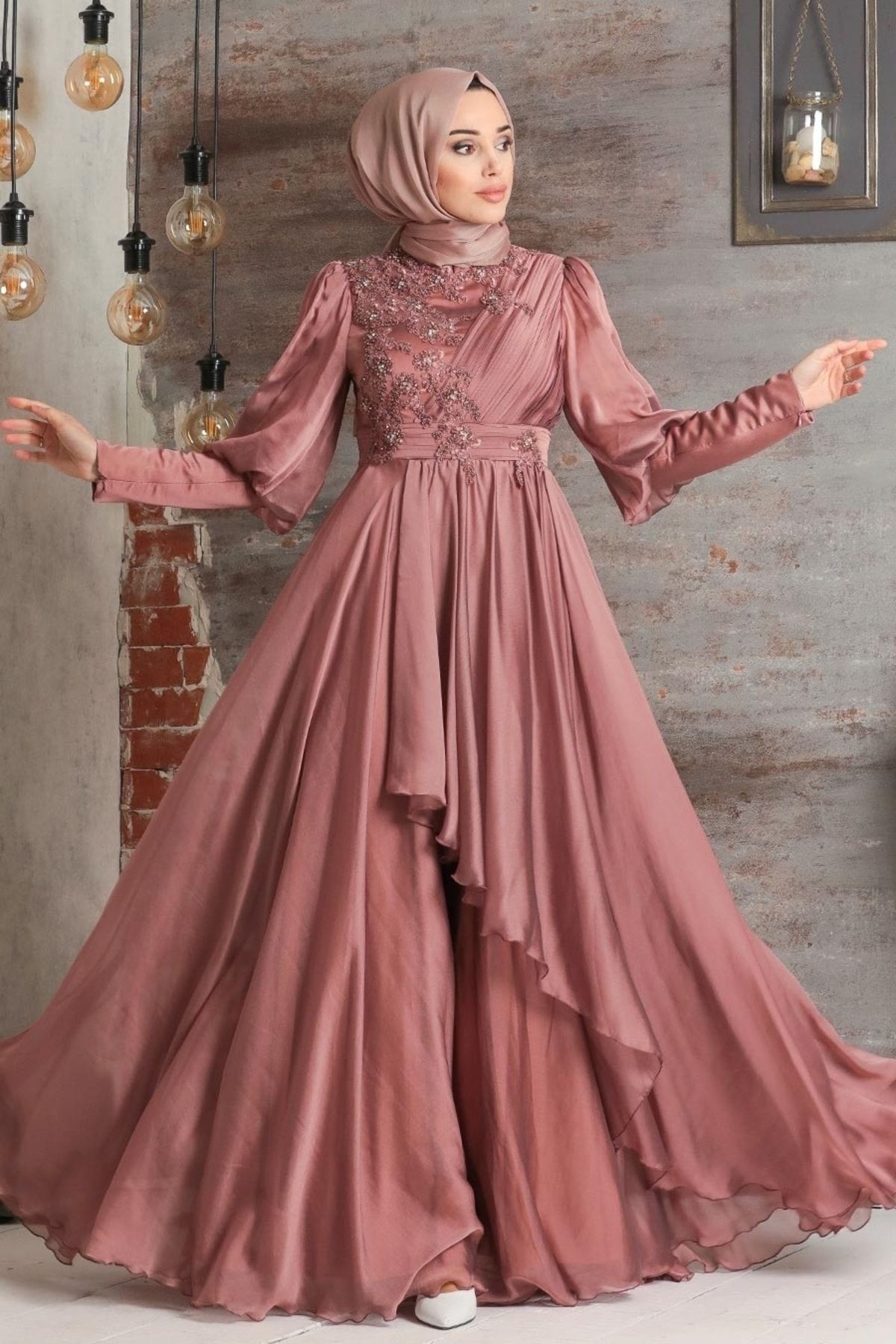 Neva Style Tesettürlü Abiye Elbise - Inci Detaylı Kiremit Tesettür Abiye Elbise 21930krmt