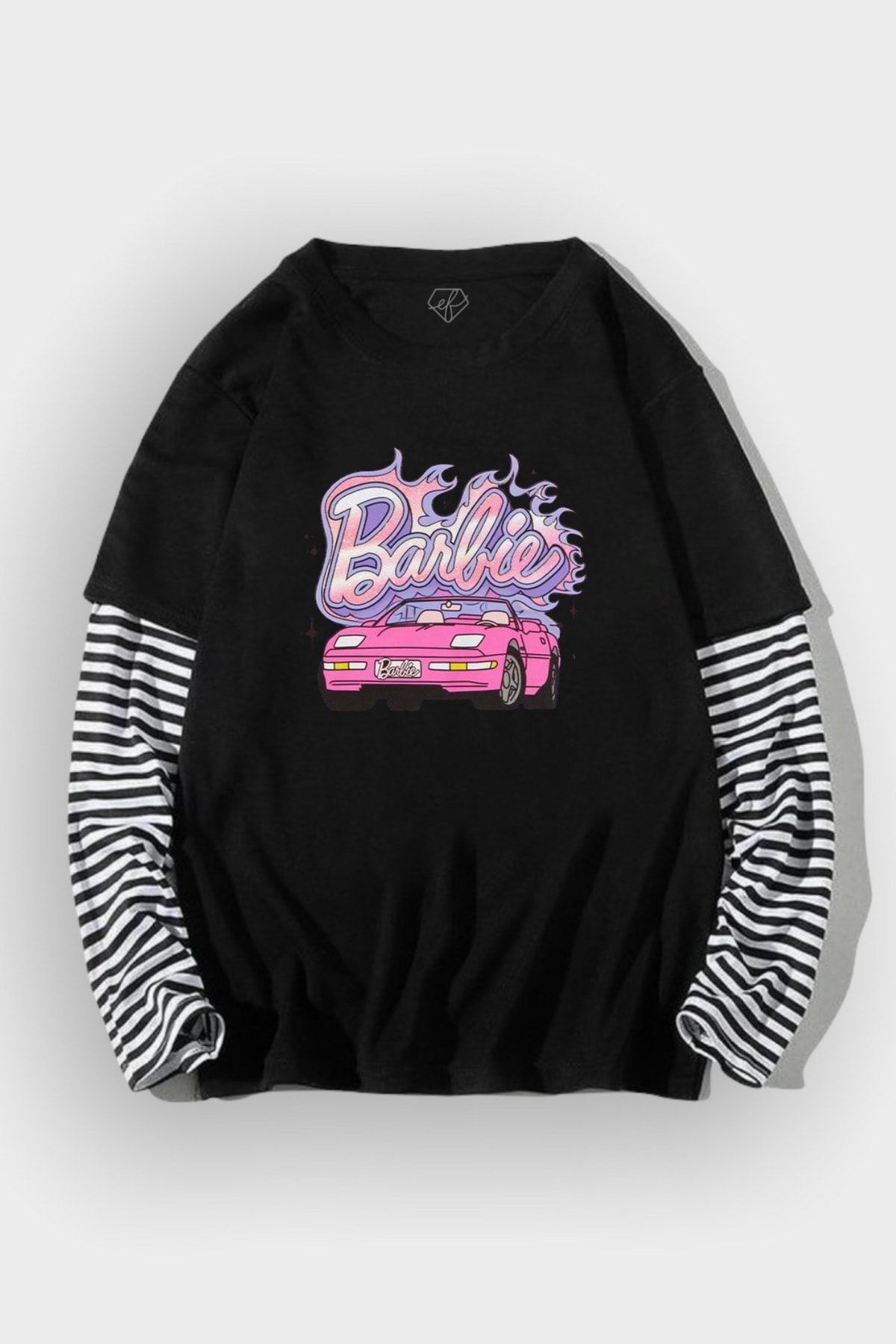 Ef Butik Siyah Alev Barbie Araba Birleşik T-shirt