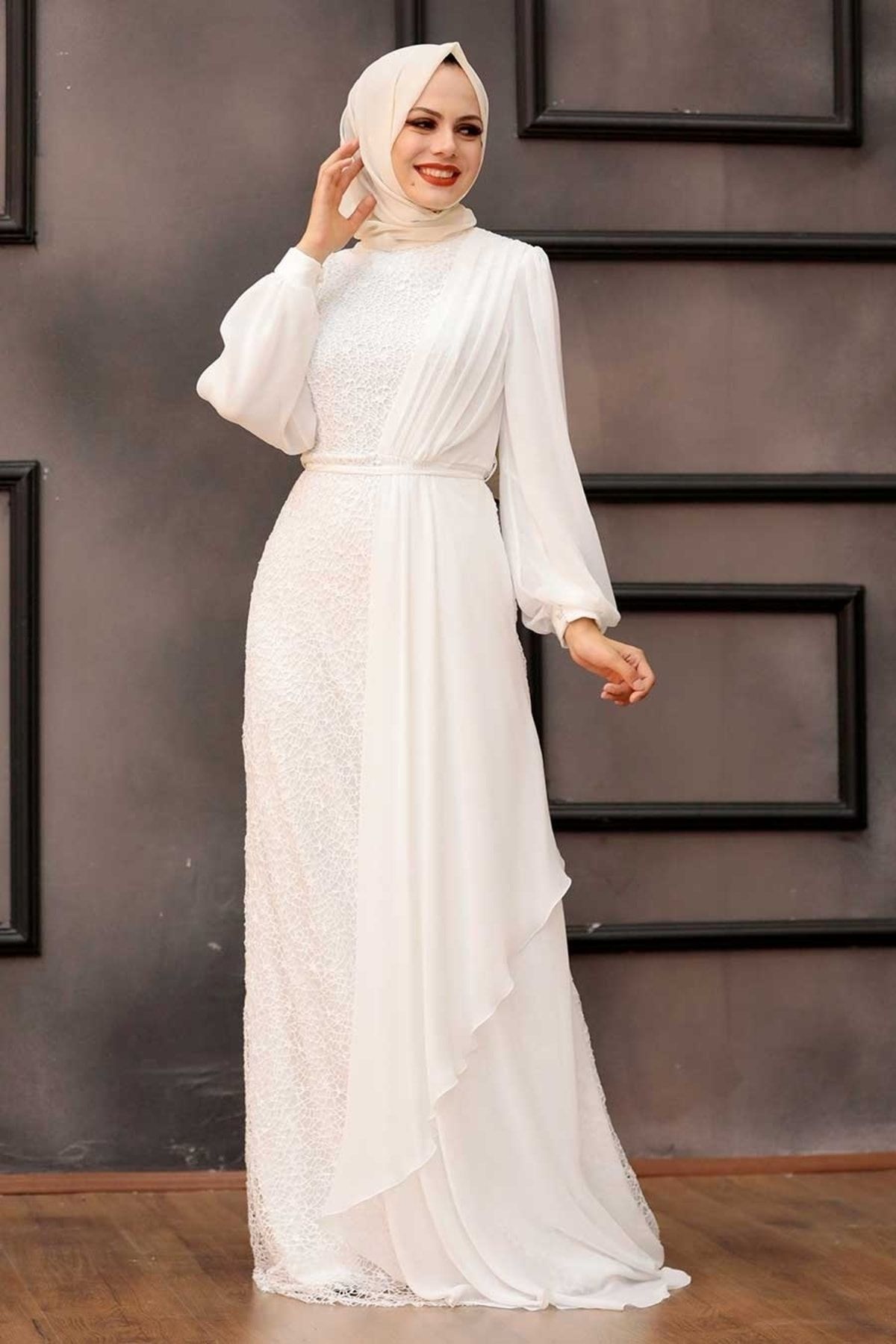 Neva Style Tesettürlü Abiye Elbise - Şifon Detaylı Pul Payet Ekru Tesettür Abiye Elbise 5516e