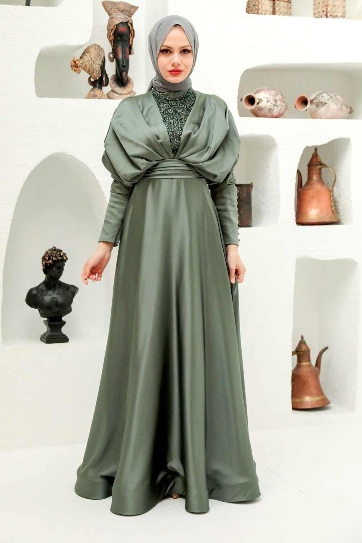 Neva Style Tesettürlü Abiye Elbise - Boncuk Işlemeli Haki Tesettür Abiye Elbise 22451hk