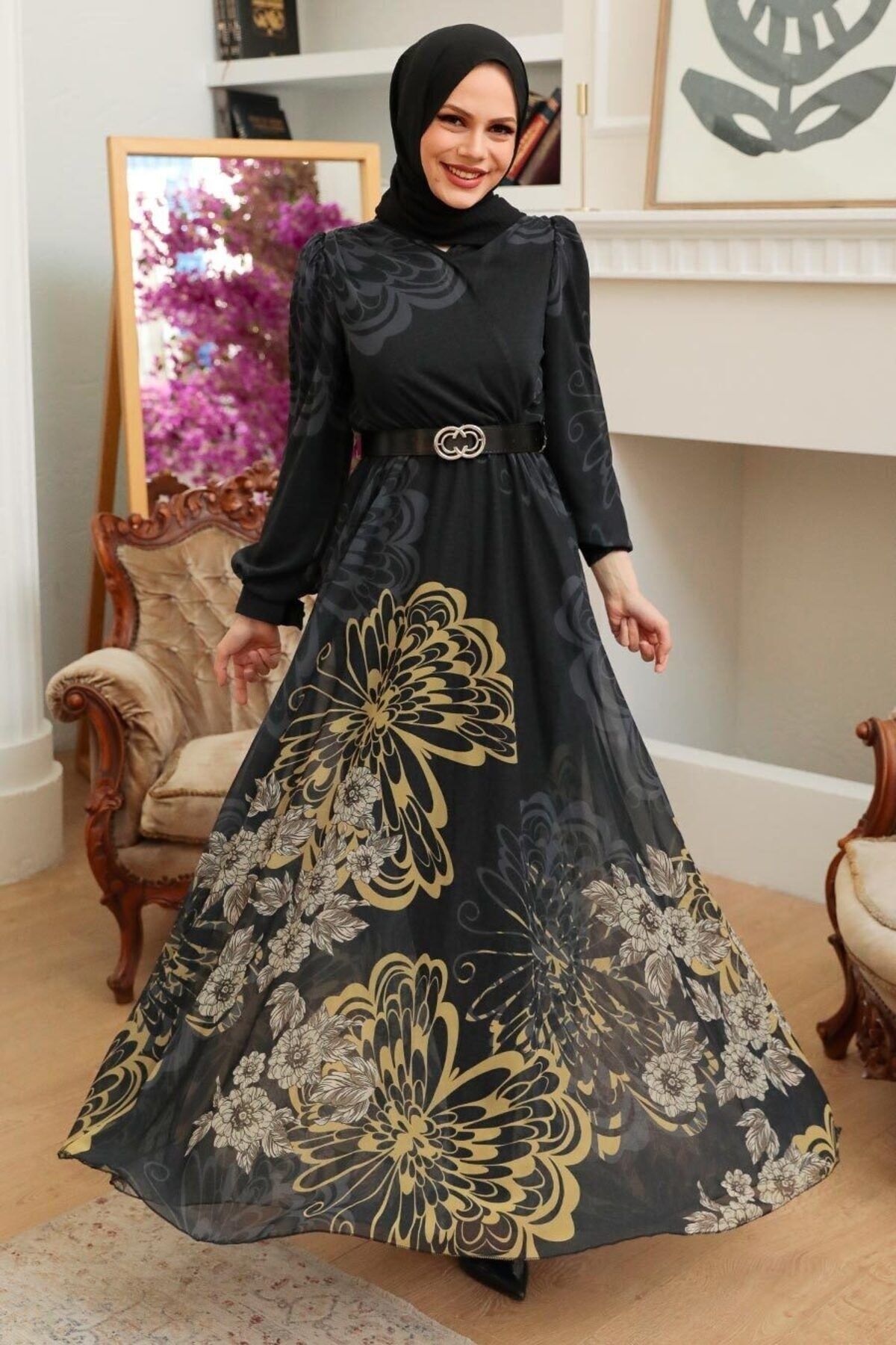 Neva Style - Kelebek Desenli Siyah Tesettür Elbise 3463s