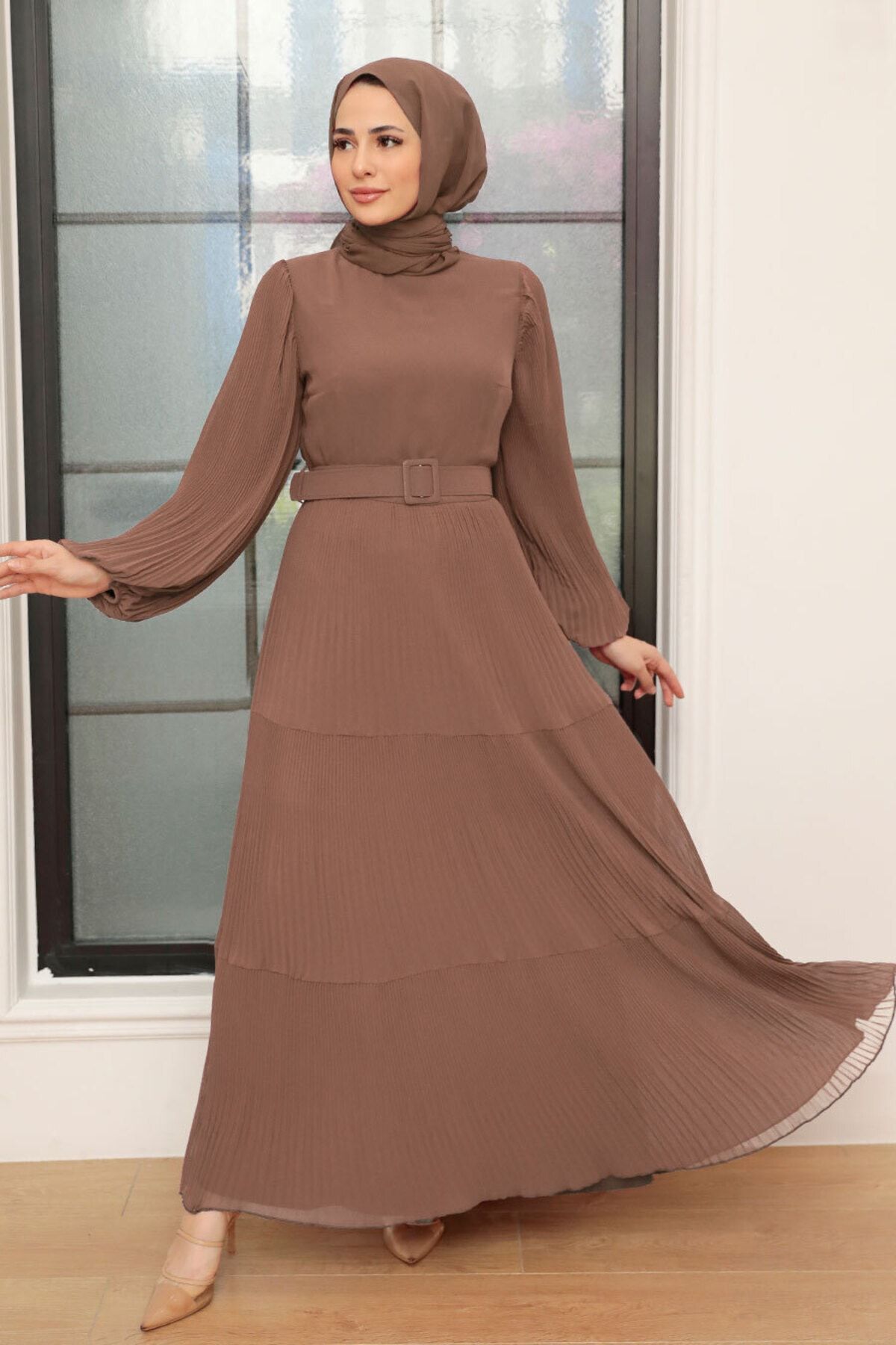 Neva Style - Kemerli Kahverengi Tesettür Elbise 3590kh
