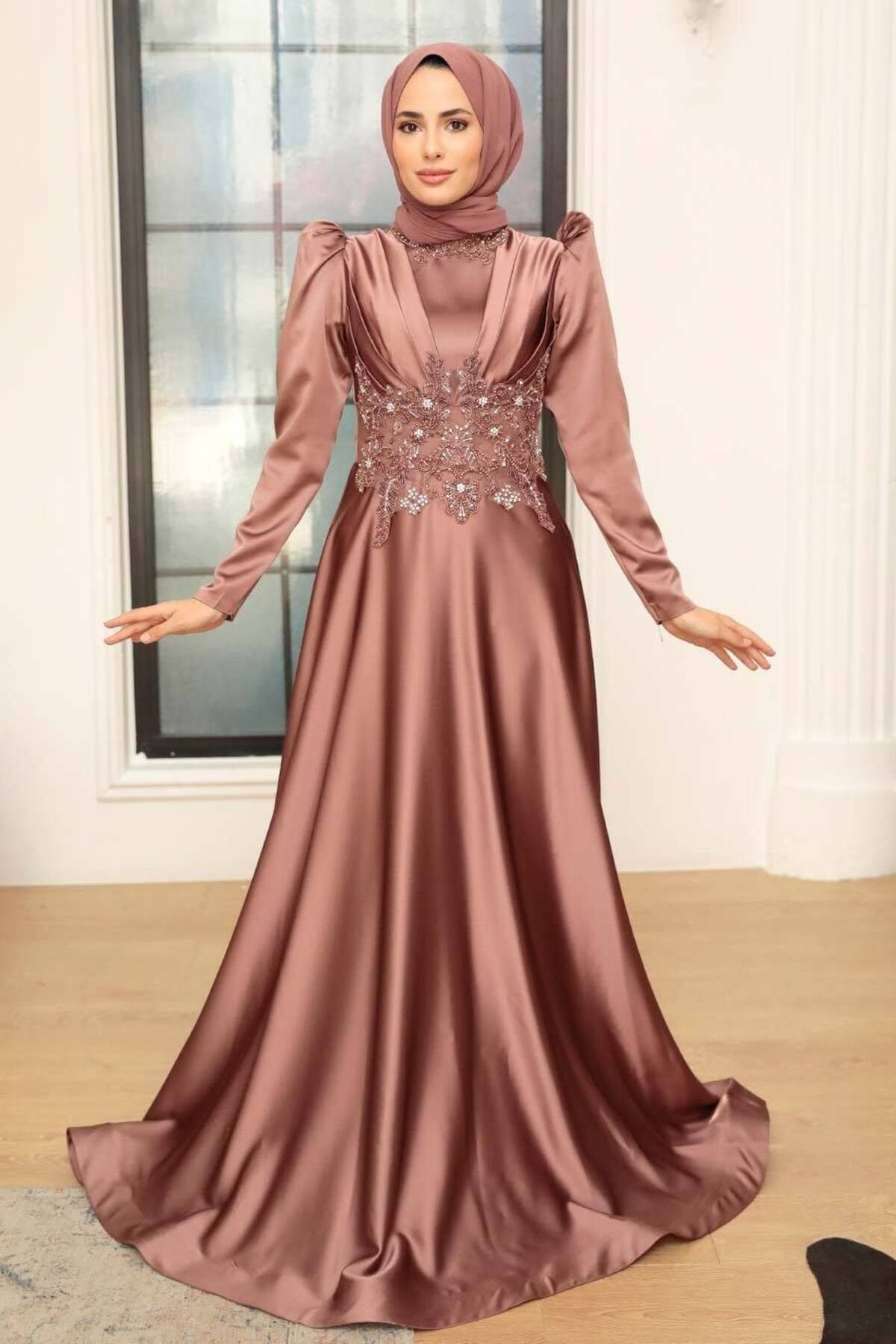 Neva Style Tesettürlü Abiye Elbise - Boncuk Işlemeli Bakır Saten Tesettür Abiye Elbise 22640bkr