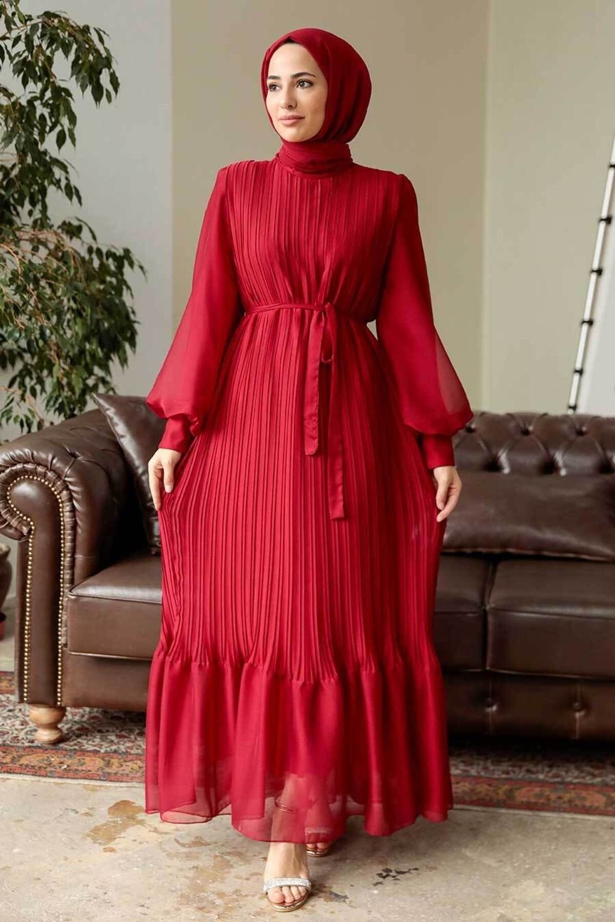 Neva Style - Pileli Bordo Tesettür Elbise 3747br