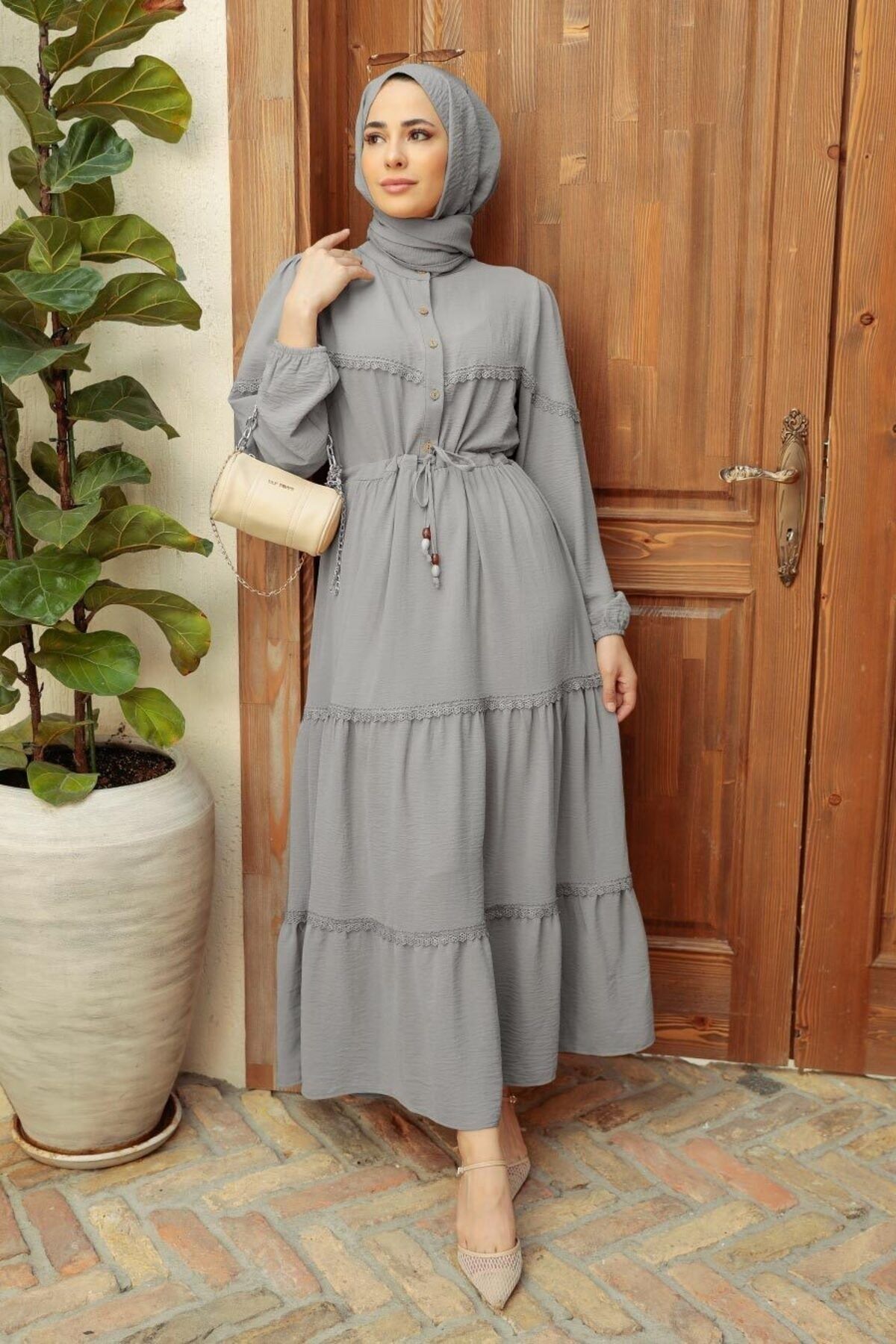 Neva Style - Düğmeli Gri Tesettür Elbise 63250gr