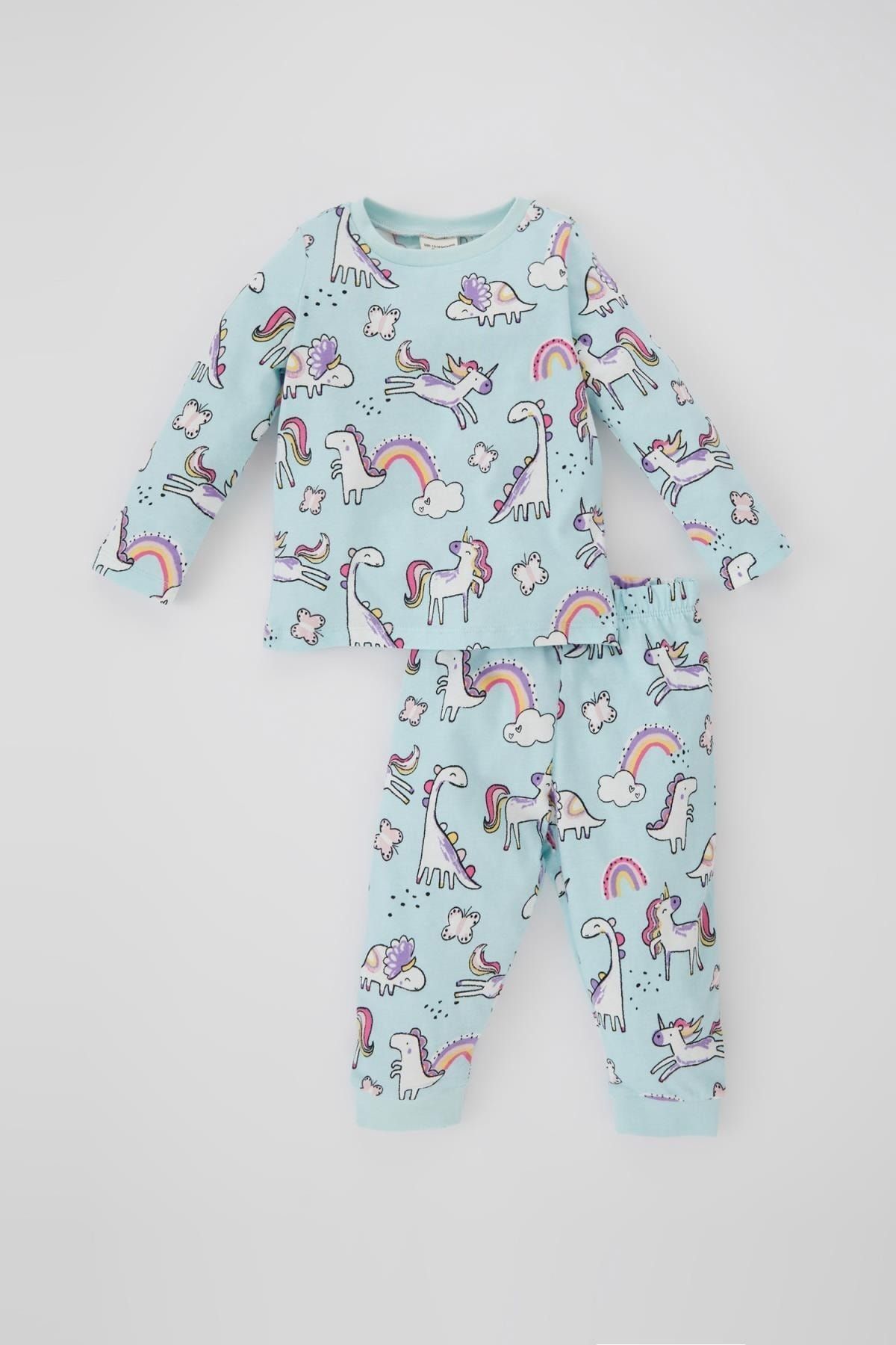 Defacto Kız Bebek Dinazor Baskılı Penye Uzun Kollu Pijama Takımı