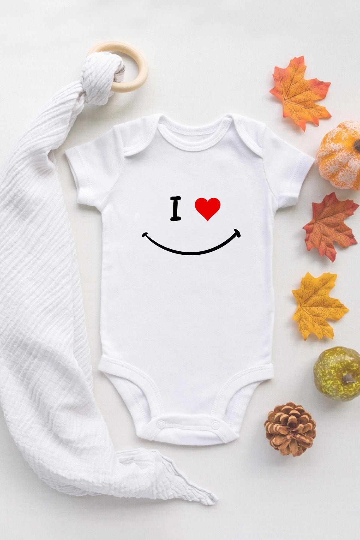TUĞBABABY Organik %100 Pamuk Uzun Kollu Beyaz Gülen Yüz Smiley Bebek Body Bebek Badi Çıtçıtlı Zıbın