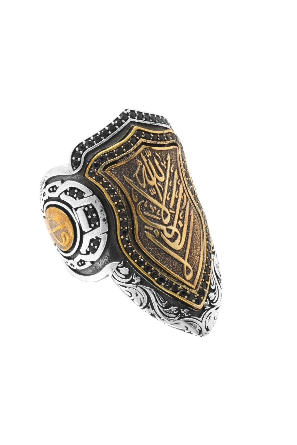 Okyanus Silver Siyah Zirkon Taşlı Mıhlamalı Arapça "Allah" Yazılı 925 Ayar Gümüş Erkek Okçu (Zihgir) Yüzüğü