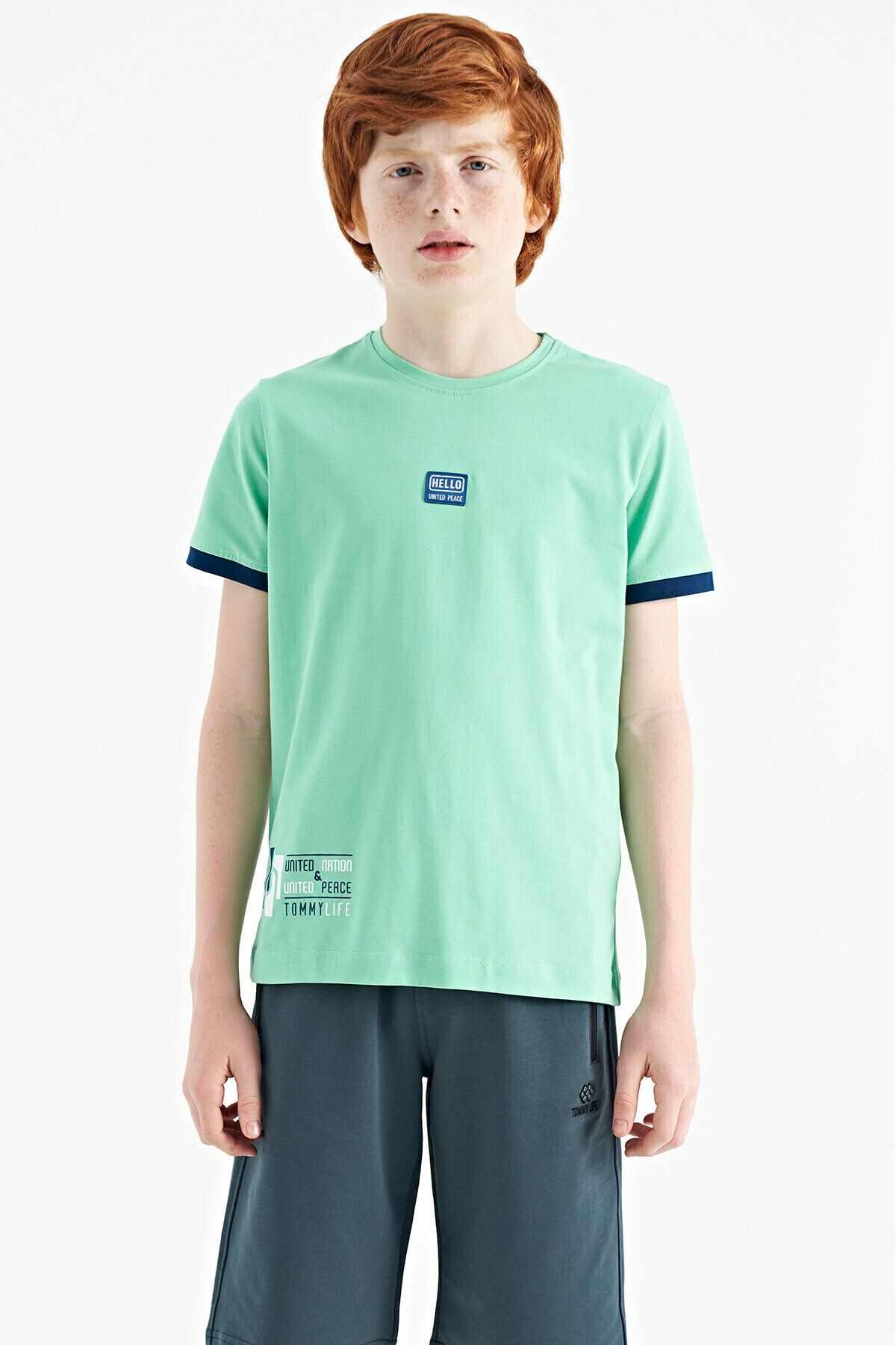 TOMMY LIFE Su Yeşili Baskılı Standart Kalıp O Yaka Erkek Çocuk T-Shirt - 11097