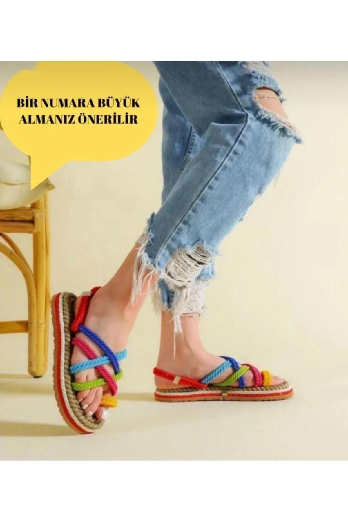 Pinkada Kadın Renkli Halat Ipli Yüksek Taban Hasır Sandalet - 1 Numara Büyük Almanız Önerilir