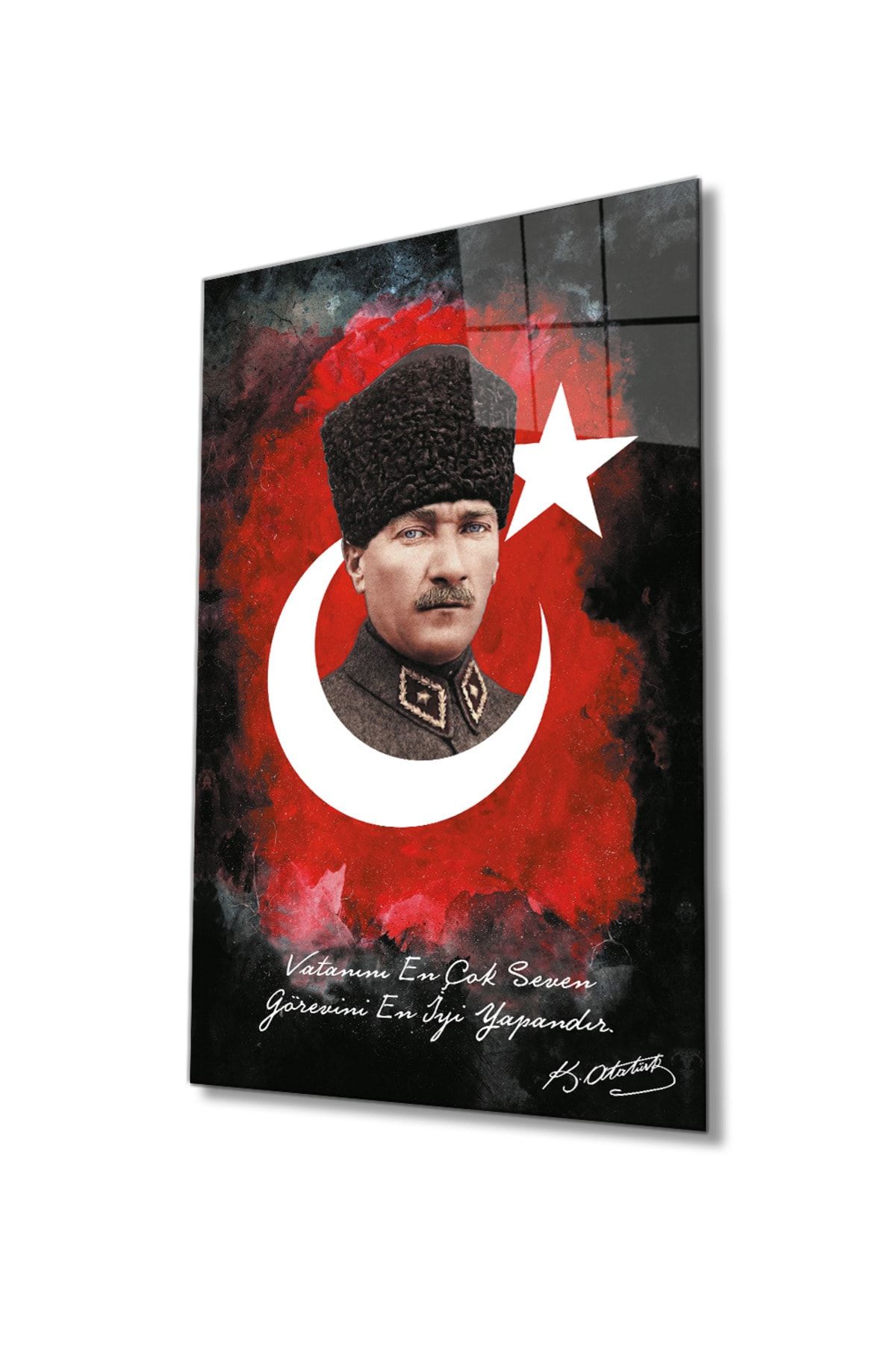 Genel Markalar Vatanını En Çok Seven Görevini En İyi Yapandır Atatürk Türk Bayrağı Cam Tablo, Ev Ofis Duvar Dekoru