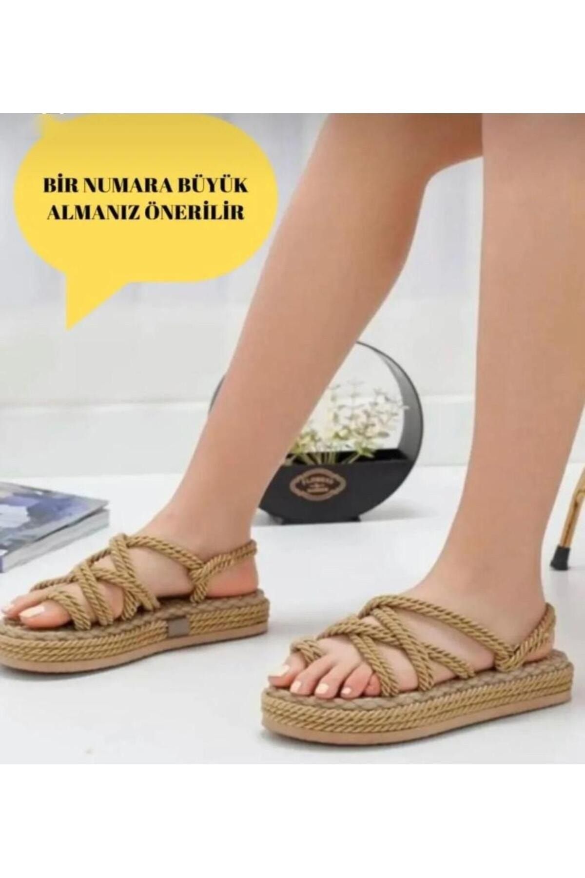 Pinkada Kadın Gold Halat Ipli Yüksek Taban Hasır Sandalet - 1 Beden Büyük Almanız Önerilir
