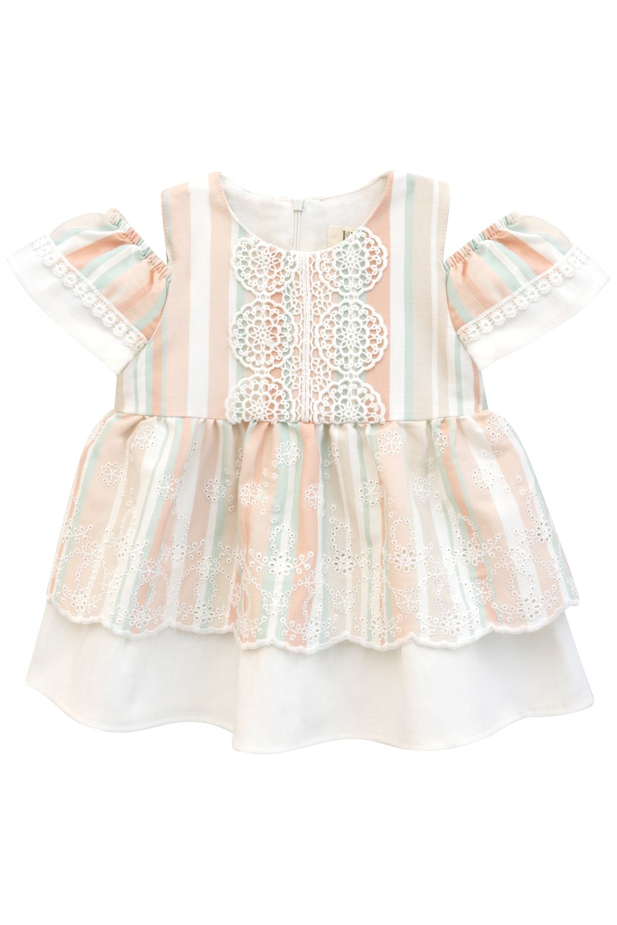 Lilax Kız Bebek Yazlık Kısa Kollu Dantelli Çizgili Elbise Somon