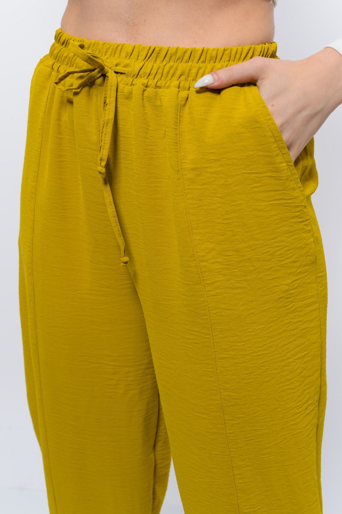 Sh Mağazacılık Ince Yazlık Kadın Yüksek Bel Rahat Salaş Pamuklu Slouchy Fit Basic Beli Lastikli Bilek Boy Pantolon