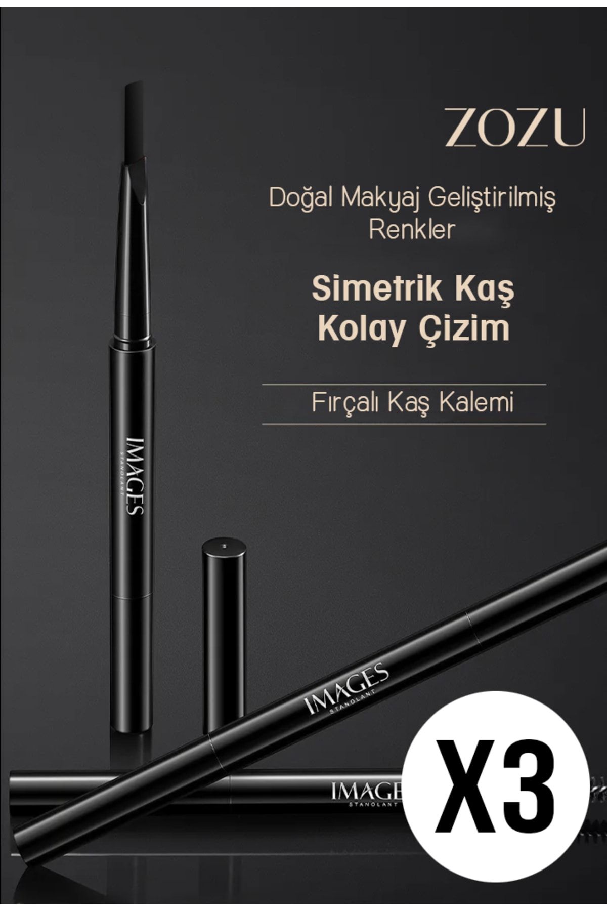 Zozu ® Images Serisi Iki Uçlu Açılı Kaş Kalemi Ve Kaş Fırçası 0,4gr Doğal Siyah 3 Adet